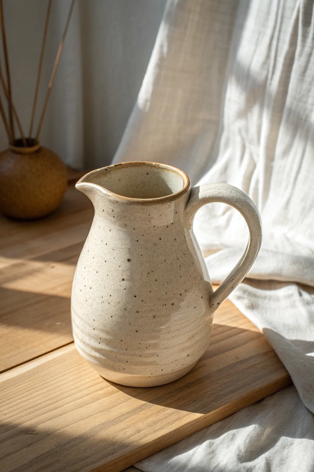 Wheel-thrown small pitcher with a crisp pinched spout and clean minimalist handle