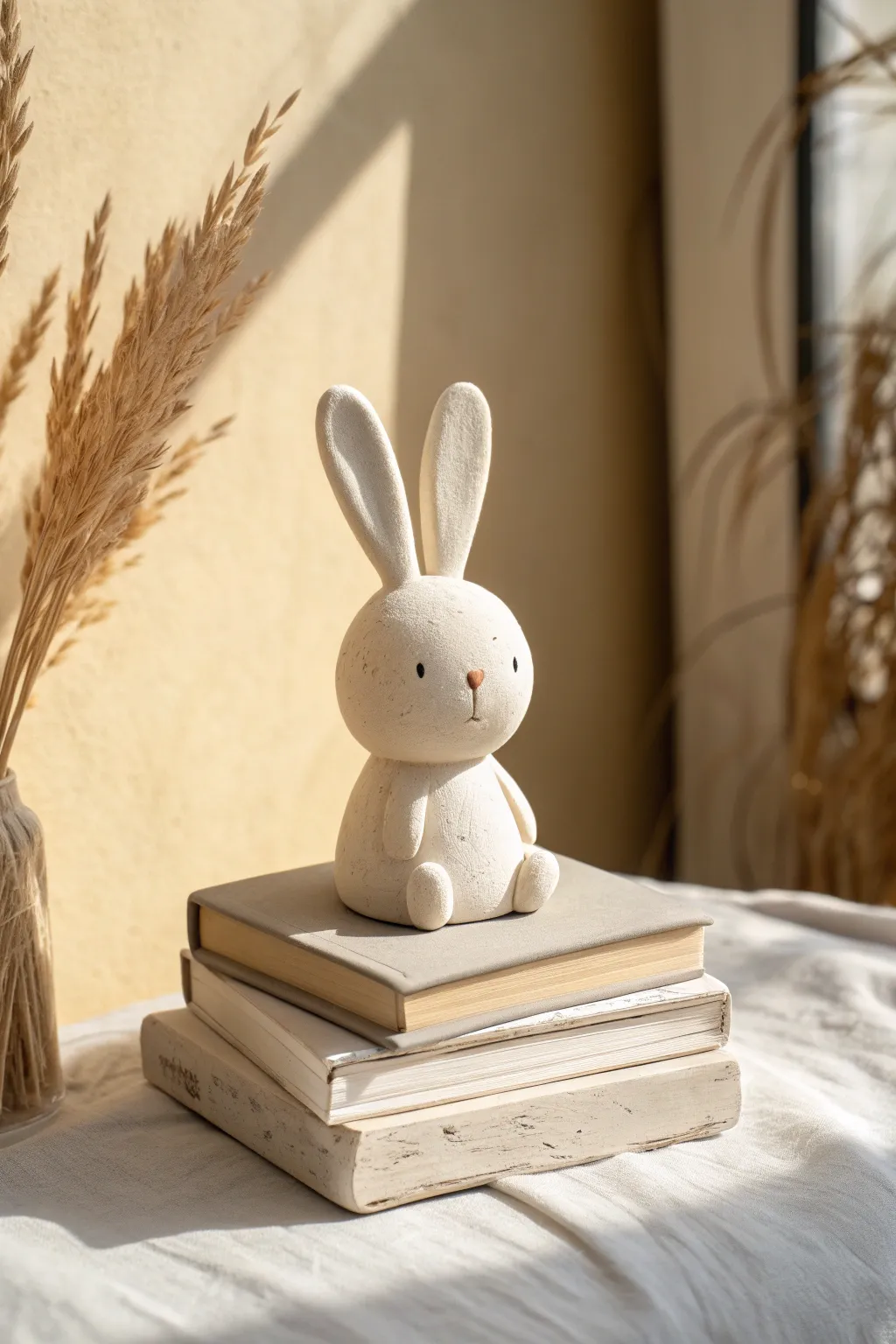 Matte-white clay bunny shelf buddy on neutral books in bright natural light, minimalist and cozy