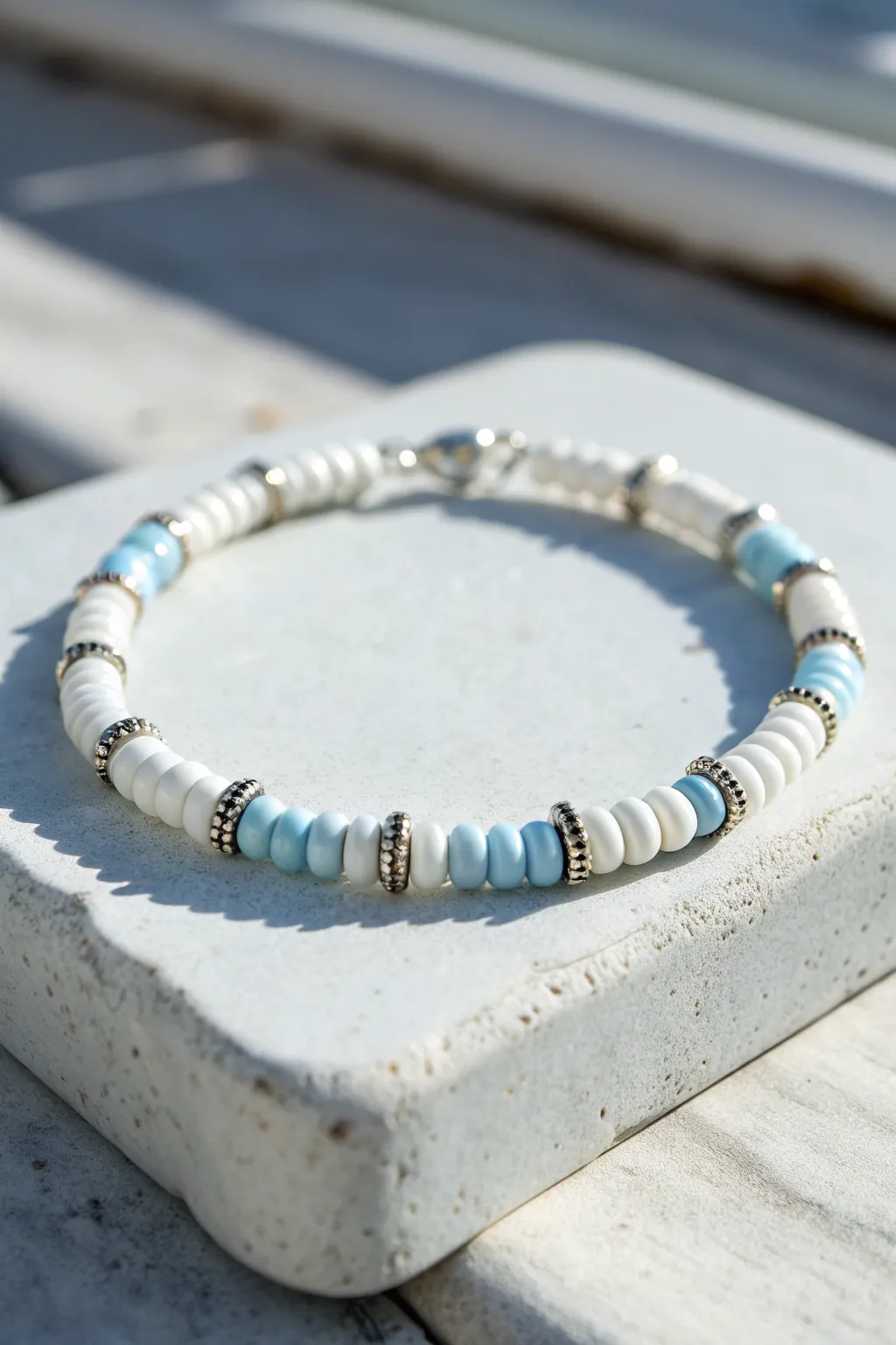 Winter heishi bracelet in icy blues with silver spacers for a clean Scandinavian sparkle.