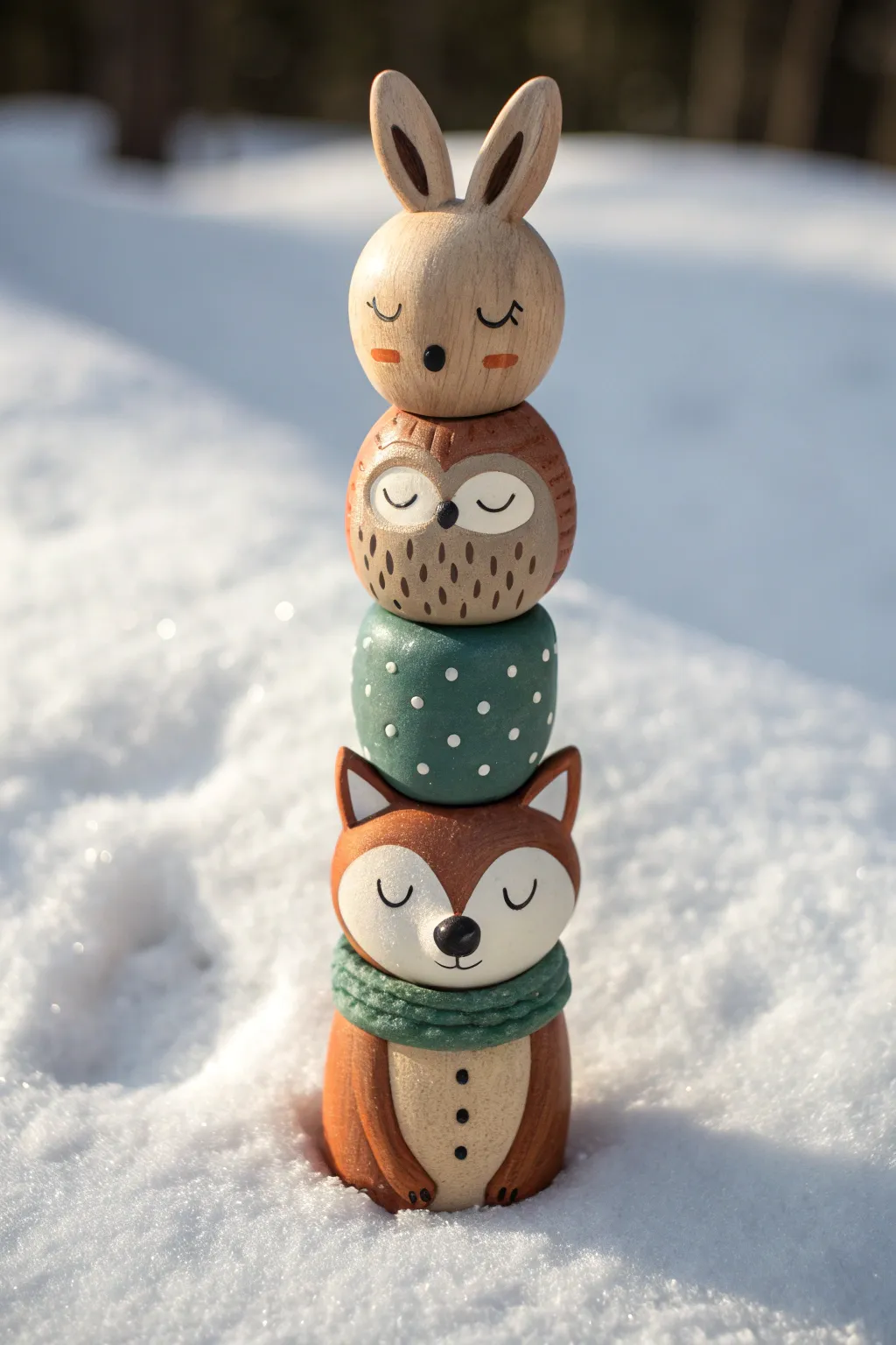 Cozy clay winter animal totem: fox, owl, and bunny stacked on snow white for Nordic charm.