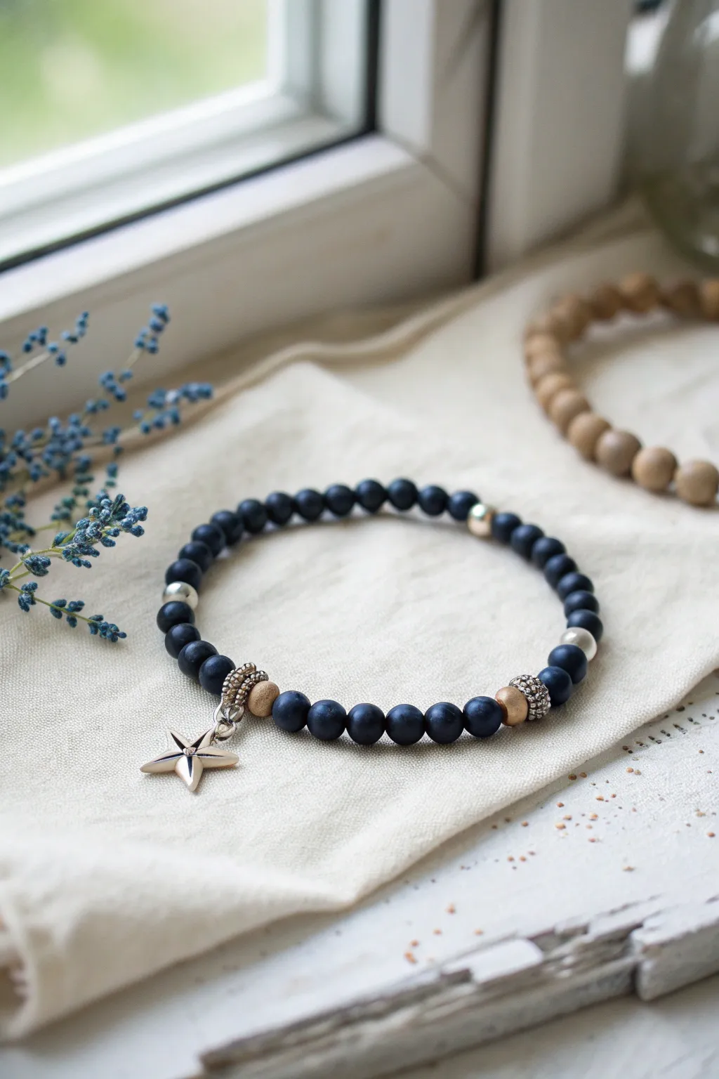 Starry night clay bead bracelet in navy with silver spacers and a tiny star charm, study-house vibes