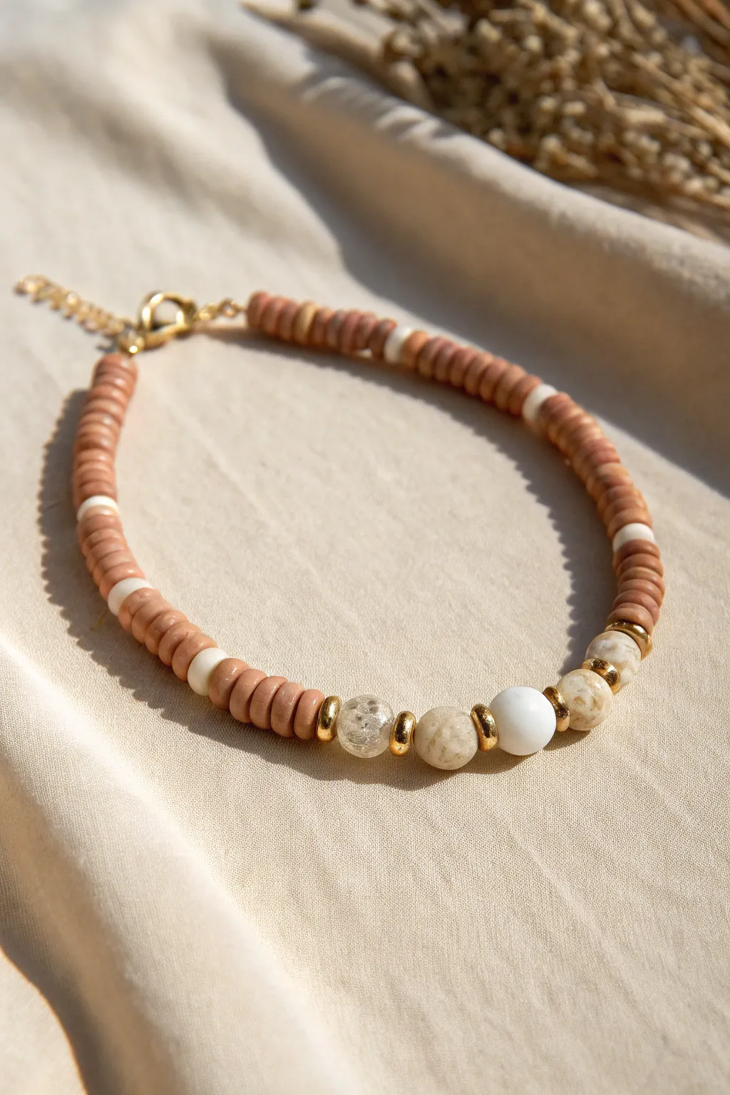 Heishi clay beads with gemstone nugget breaks for a simple earthy luxe bracelet idea