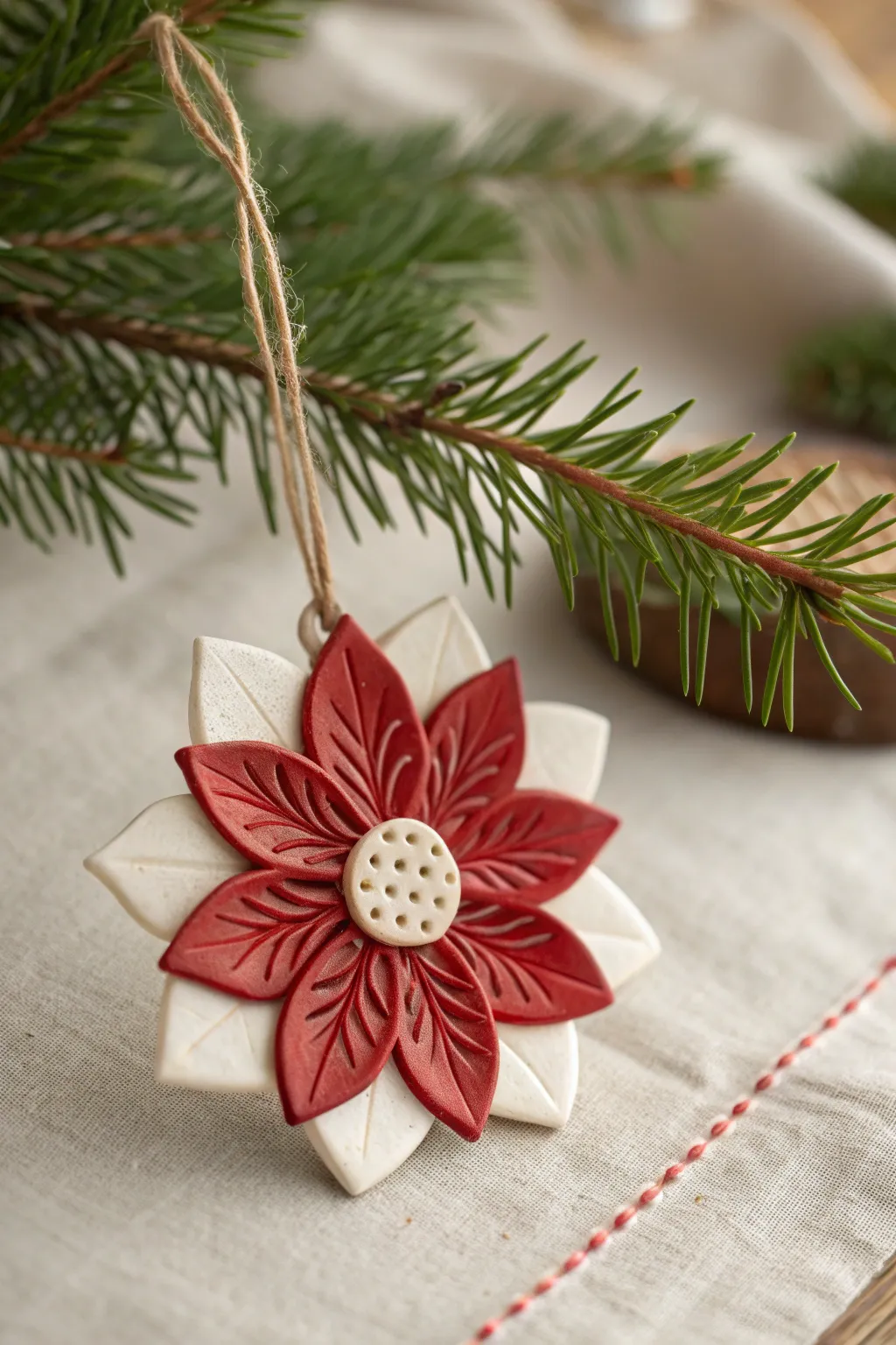 Handmade red and cream poinsettia clay ornament, a minimalist boho Christmas tree accent.