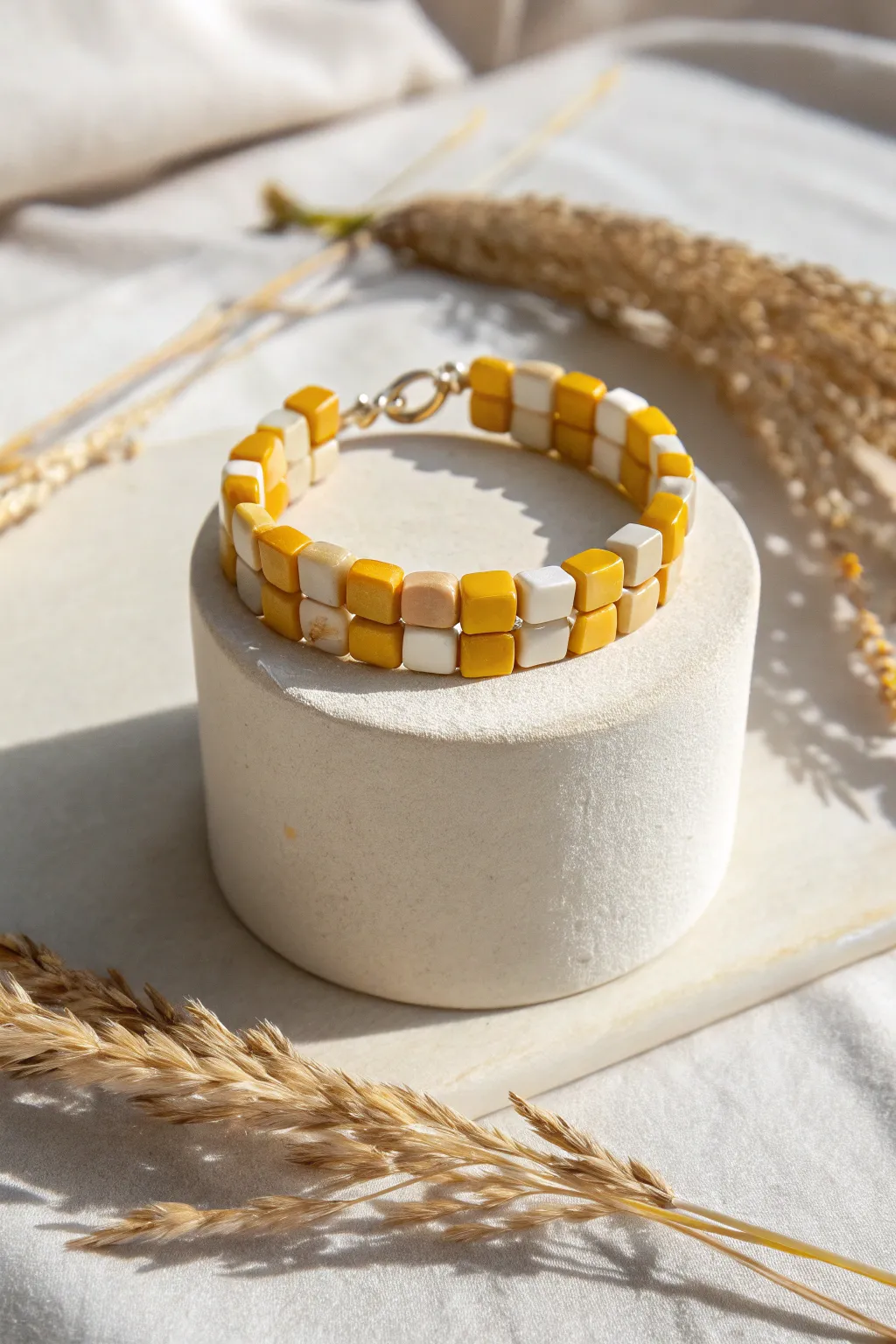 Yellow and cream checkerboard clay disc bracelet on a minimal ceramic stand, softly lit.