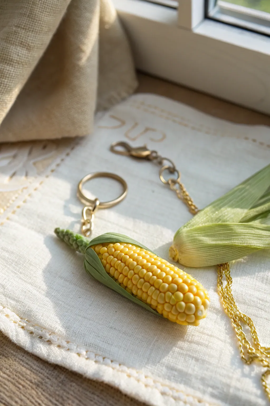 Sweet yellow clay corn keychain with soft green husks, a minimalist handmade charm