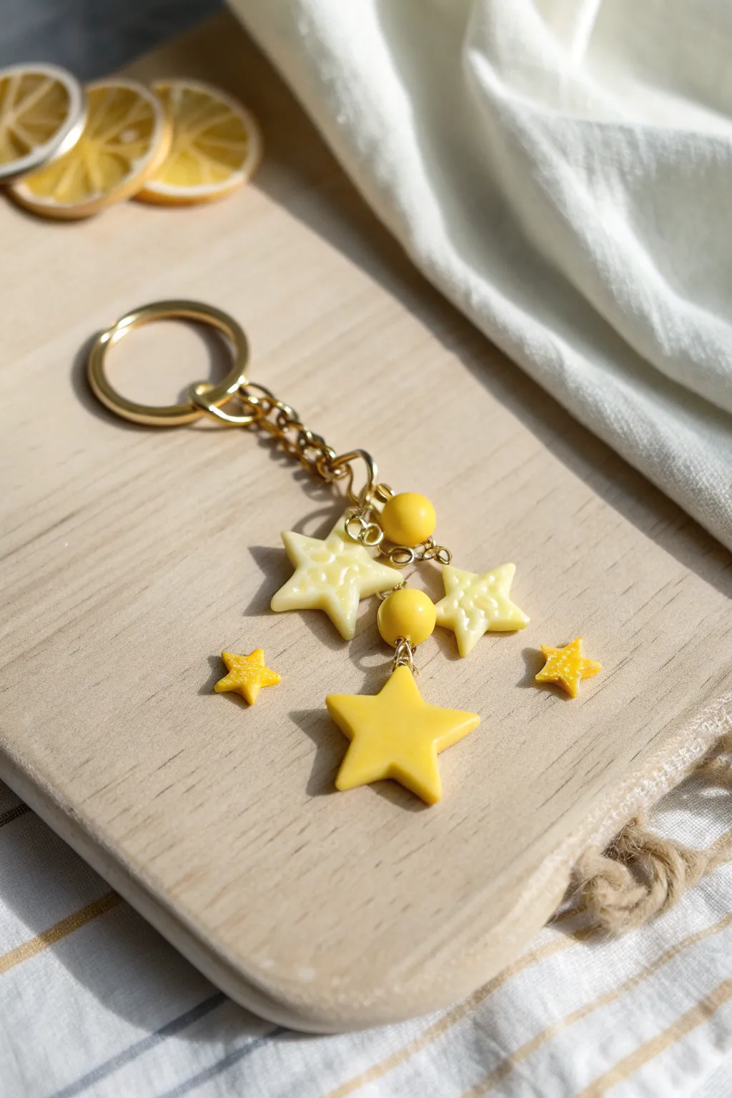 Glossy yellow polymer clay star charms styled as a simple bag charm with a few playful loose stars