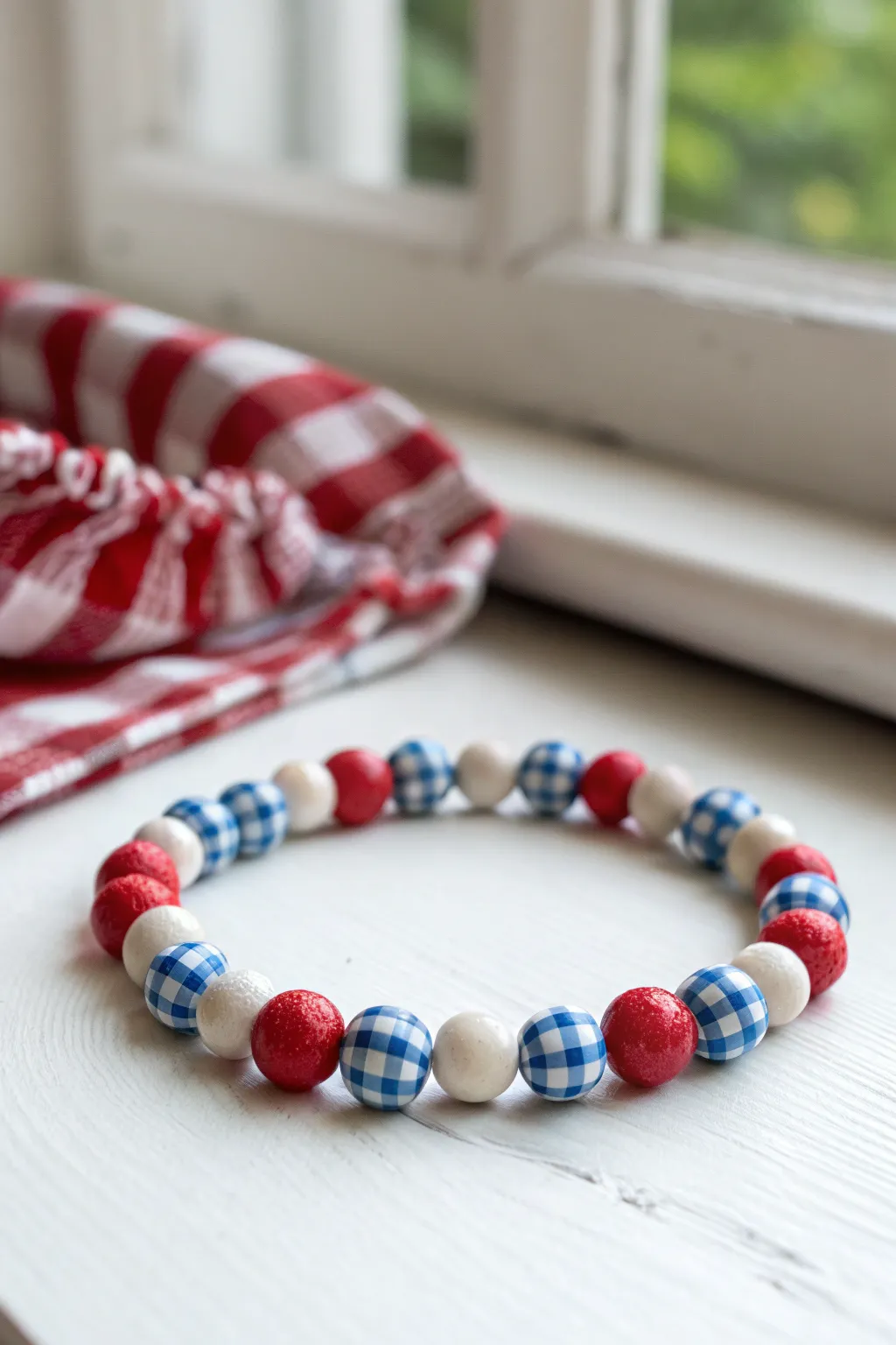 Gingham-inspired red, white, and blue clay bead bracelet styled for a soft summer picnic