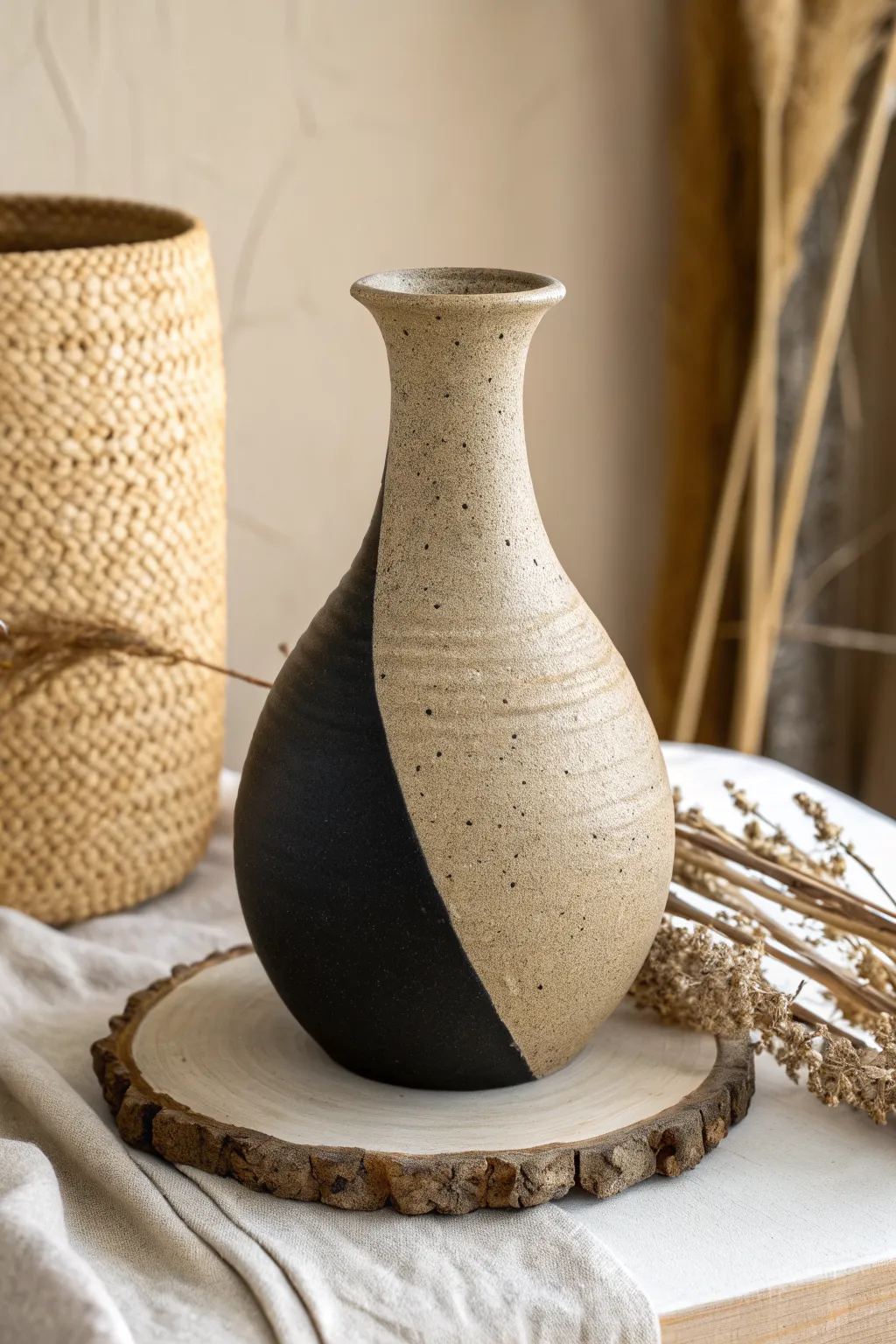 Rough meets shine: a minimalist split-finish vase with an organic line and bold texture contrast.