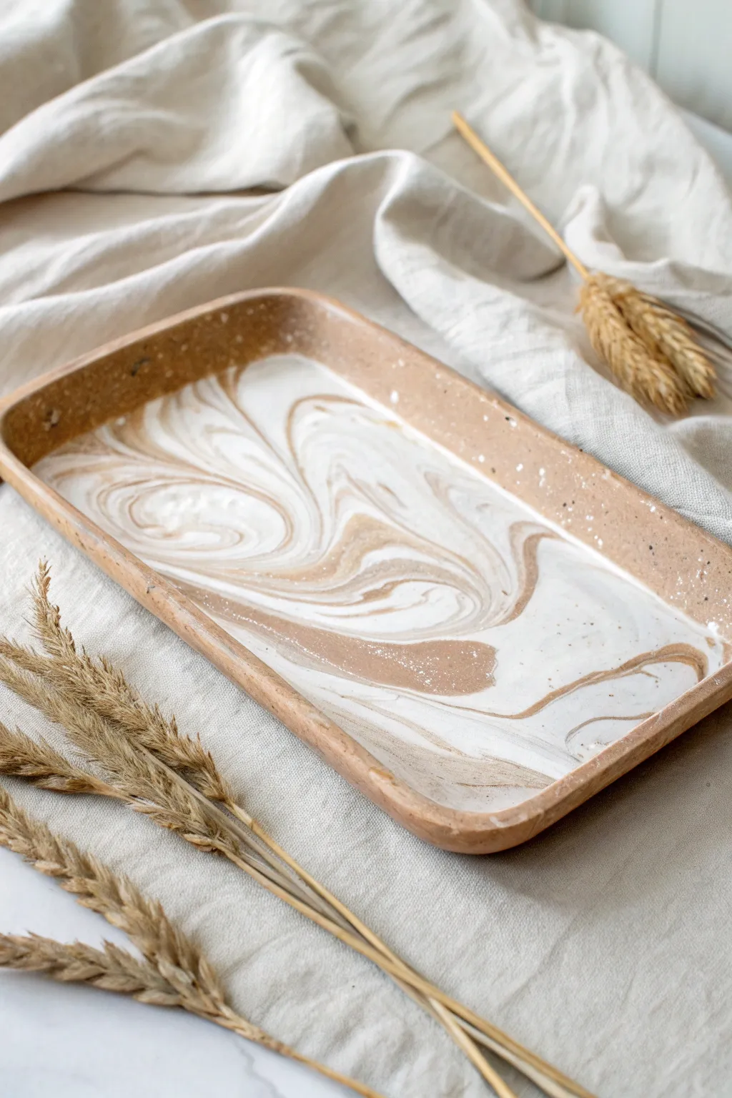Minimal marbled clay tray with soft organic edges, a modern abstract accent in calm neutrals