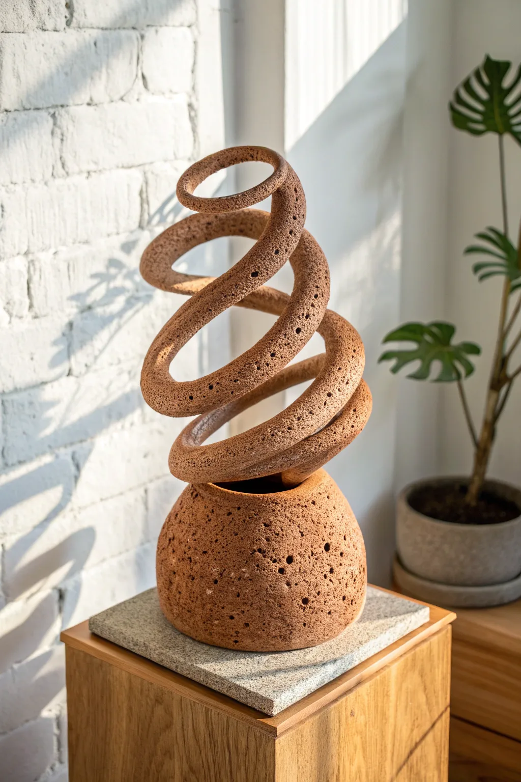 Airy coil scribble sculpture in warm stoneware, minimalist styling with soft boho warmth.