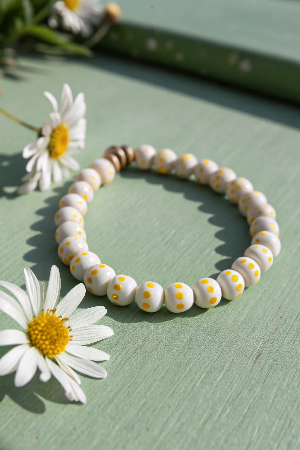 Daisy-inspired clay bead bracelet in soft white and sunny yellow, styled minimal on sage green.