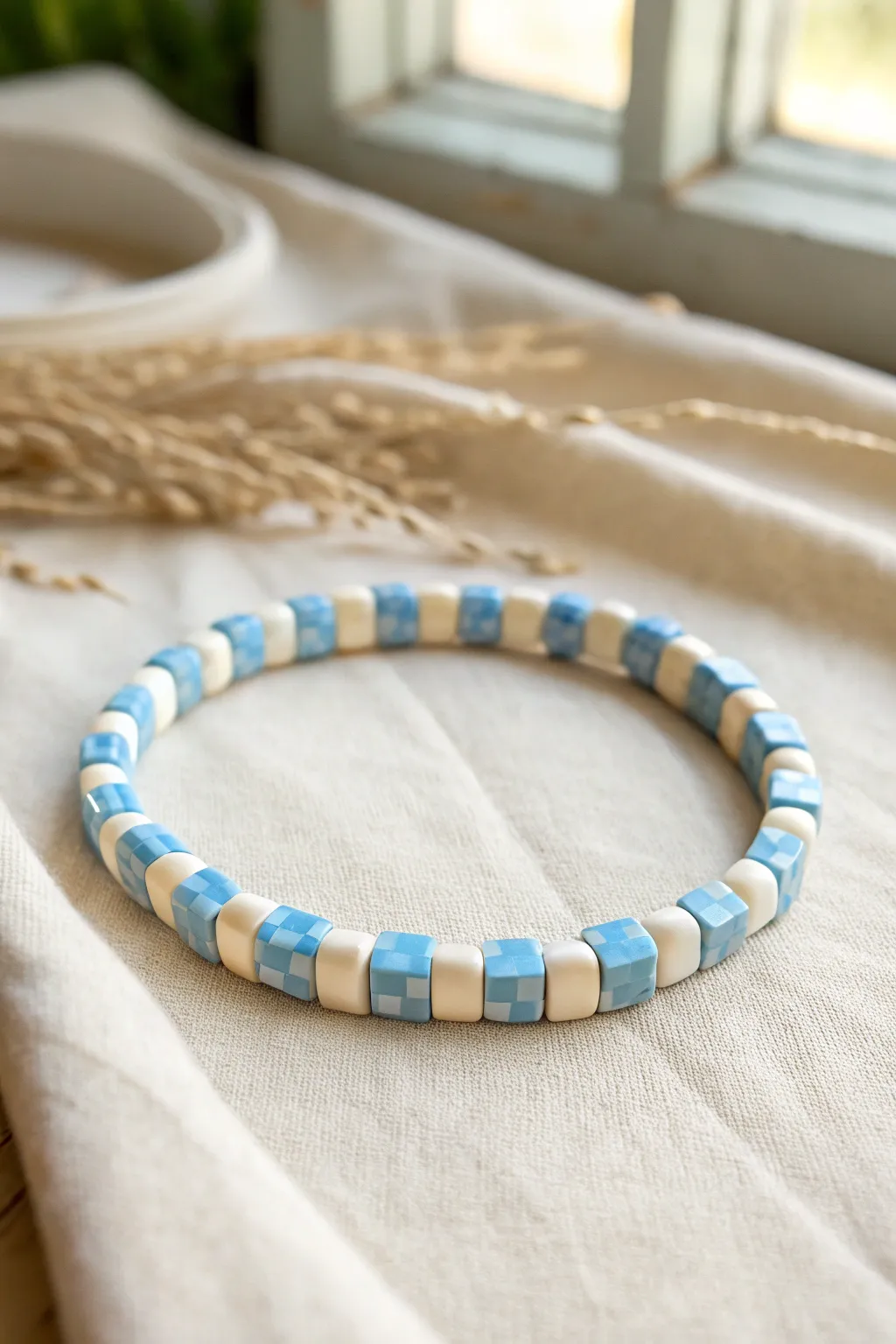 Mini gingham clay bracelet in baby blue and white, styled simply on soft linen for calm contrast.