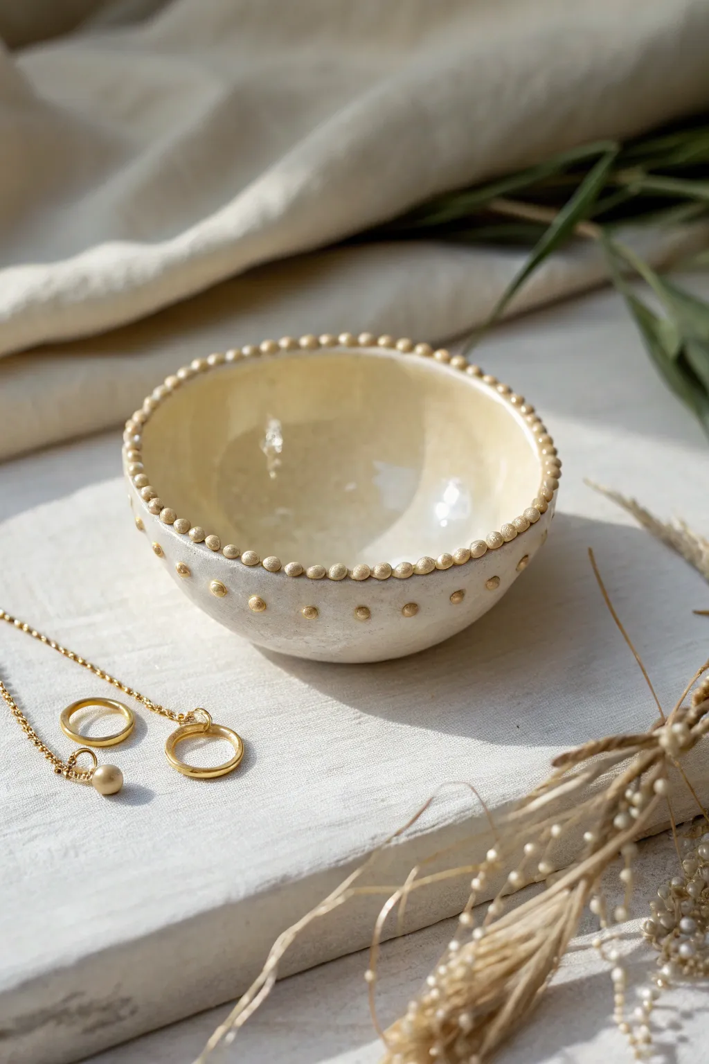 Glossy beaded-edge pinch bowl, minimalist-boho styling with tiny gold studs and chain.