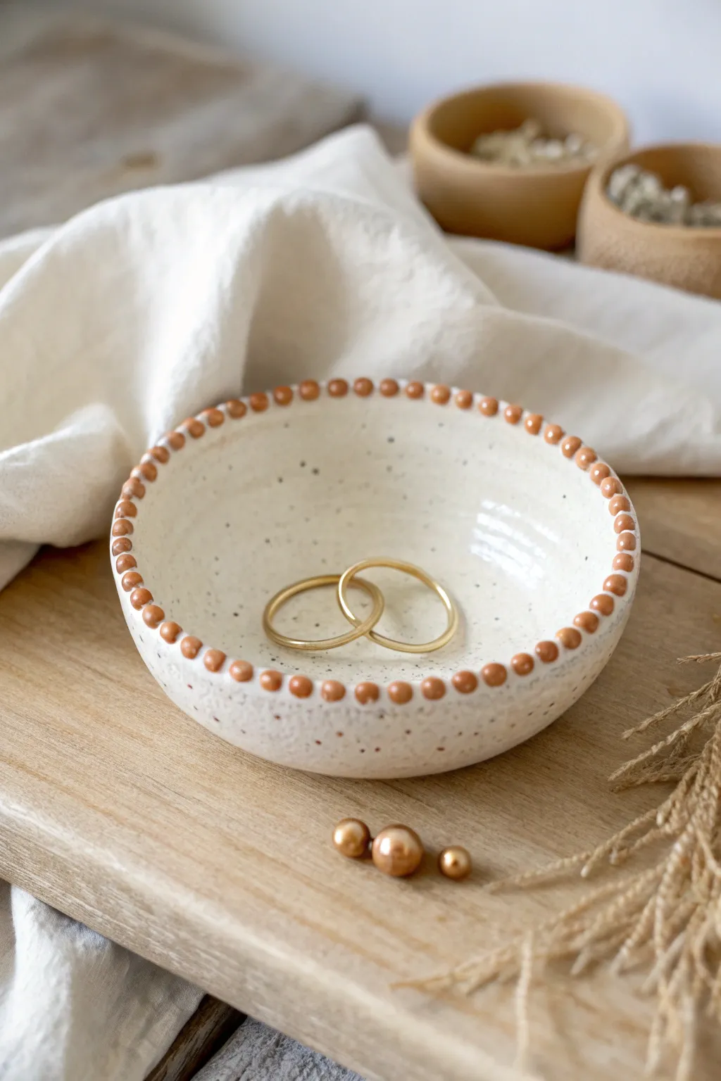 Minimal air clay jewelry bowl with a beaded rim, styled with rings for a calm boho look