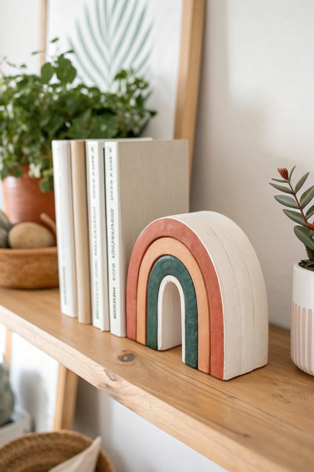 Bold color-block air dry clay bookends that add calm, modern structure to your shelves