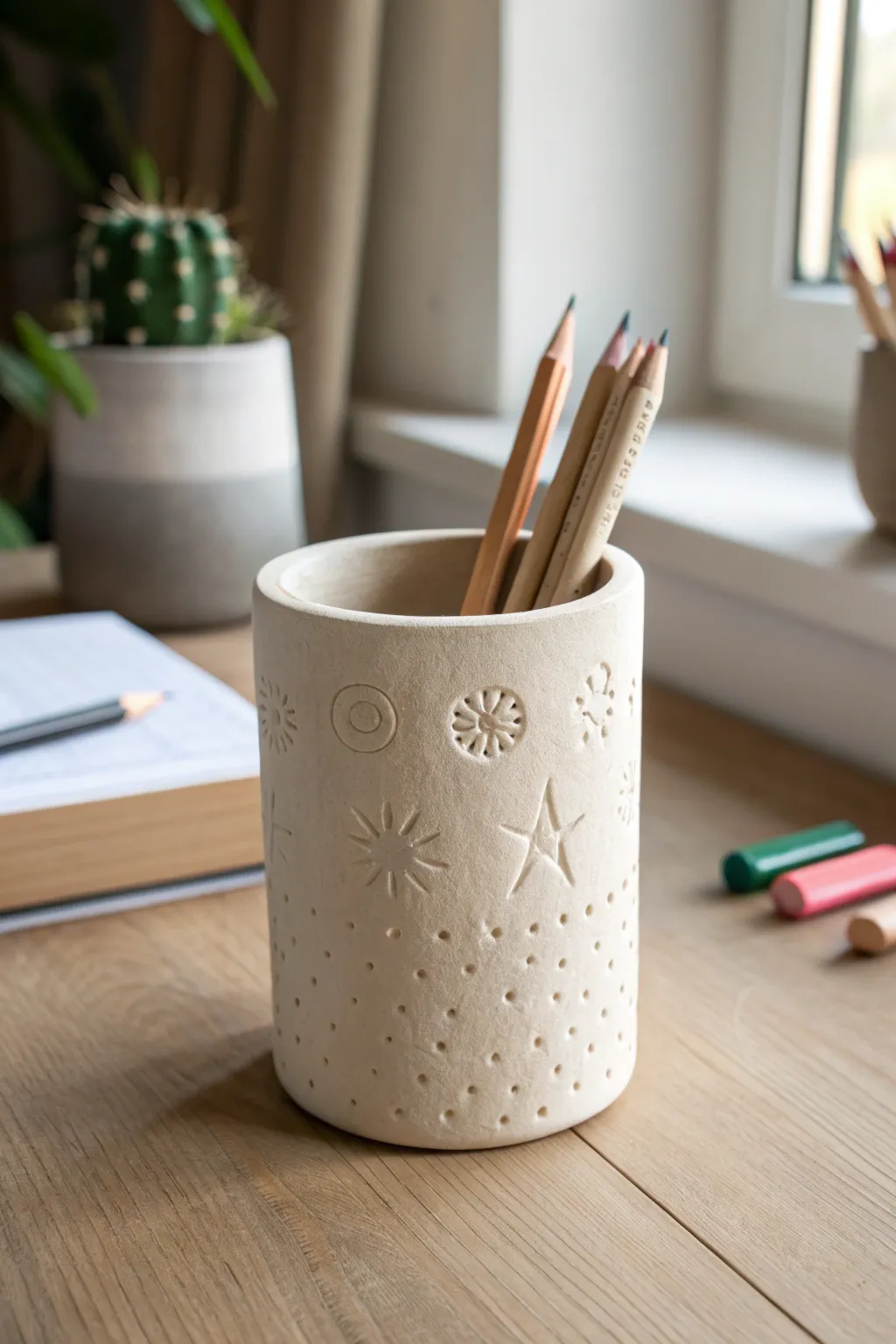 Cute stamped air-dry clay pencil cup with simple patterns, perfect kids craft for tidy desks.