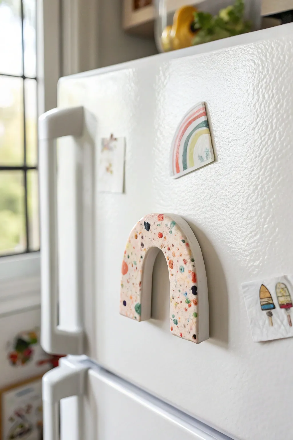 Terrazzo speckle air-dry clay magnet in soft boho colors, crisp on a bright white fridge