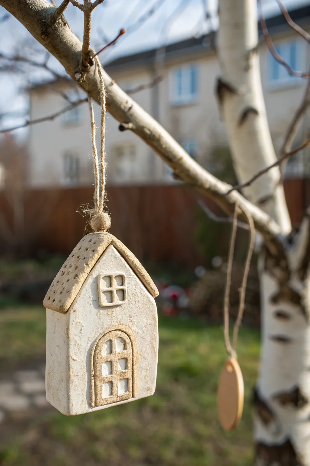 Soft neutral mini house clay ornament, Scandinavian minimal with a boho touch for cozy decor.