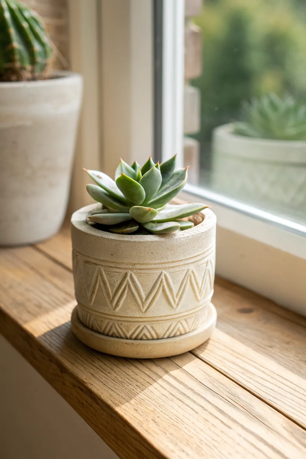 Minimal air dry clay planter with carved detail and a faux succulent, perfect for easy styling