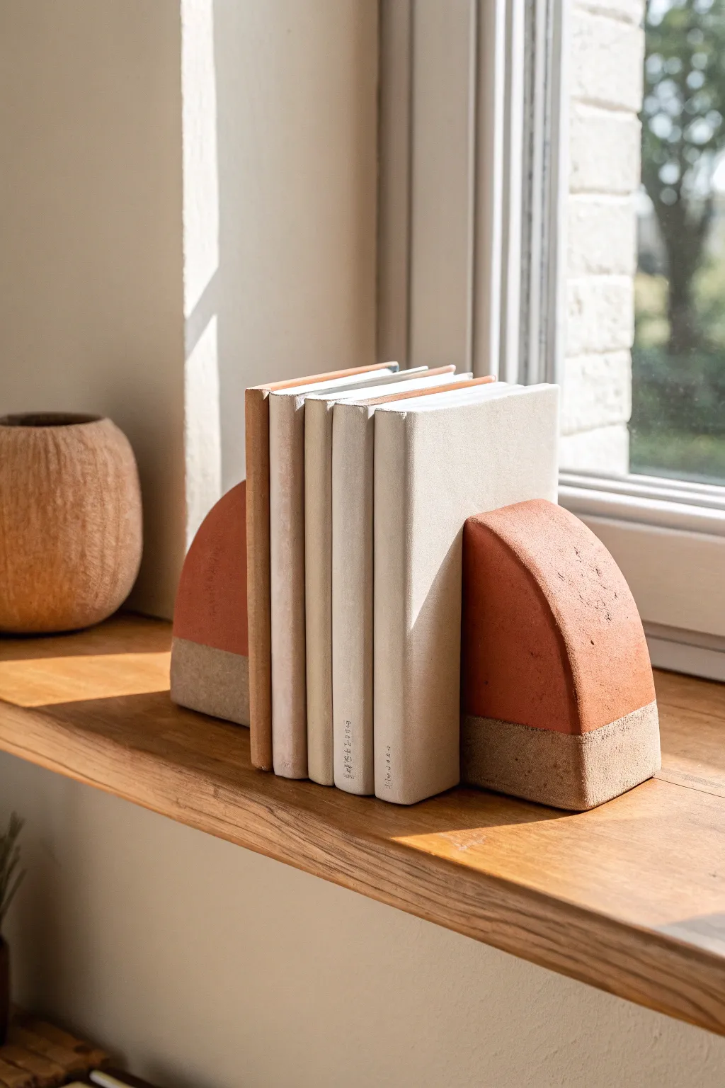 Chunky color-block air dry clay bookends that double as mini sculptures for your shelf