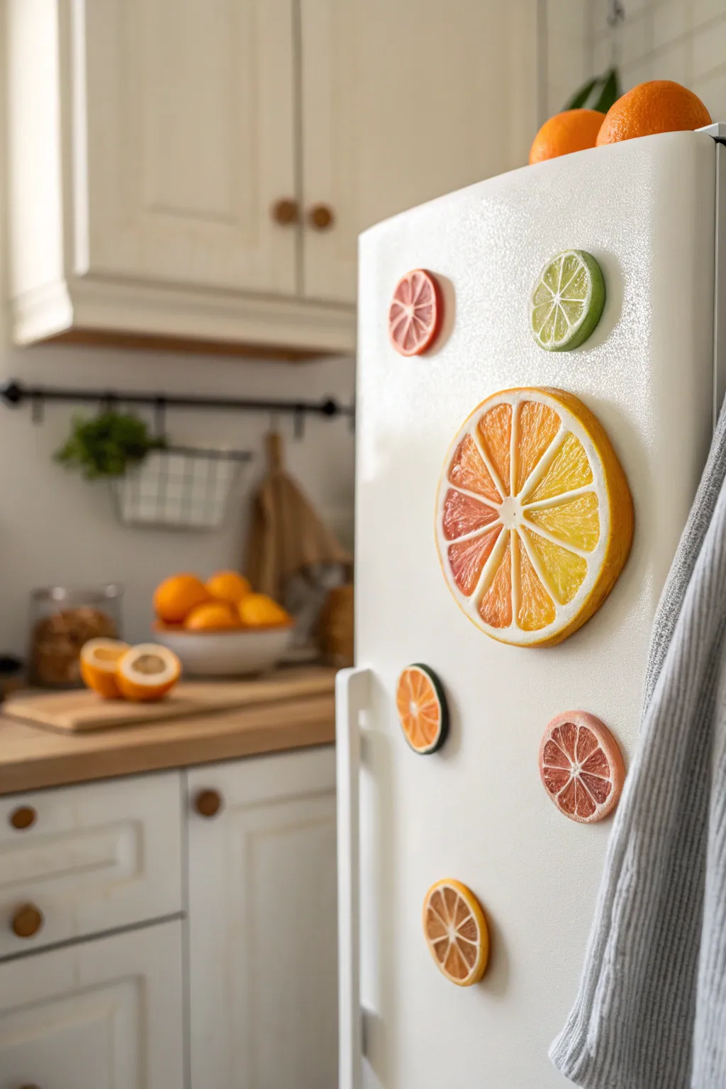 Sweet air dry clay fruit magnet gift idea, bright and minimal, perfect for a birthday surprise