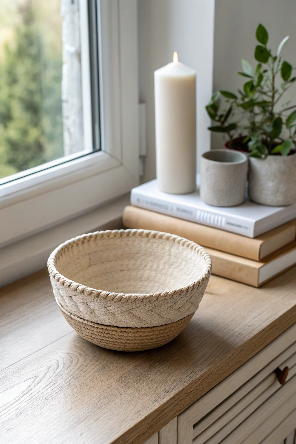 Pressed weave air dry clay bowl styled for a cozy shelf moment in soft Scandinavian neutrals.