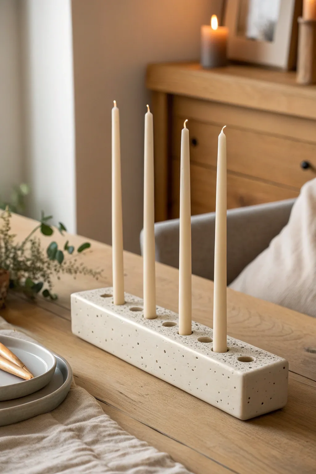 Minimal long bar air dry clay holder for five tapers, a cozy Scandi boho centerpiece.