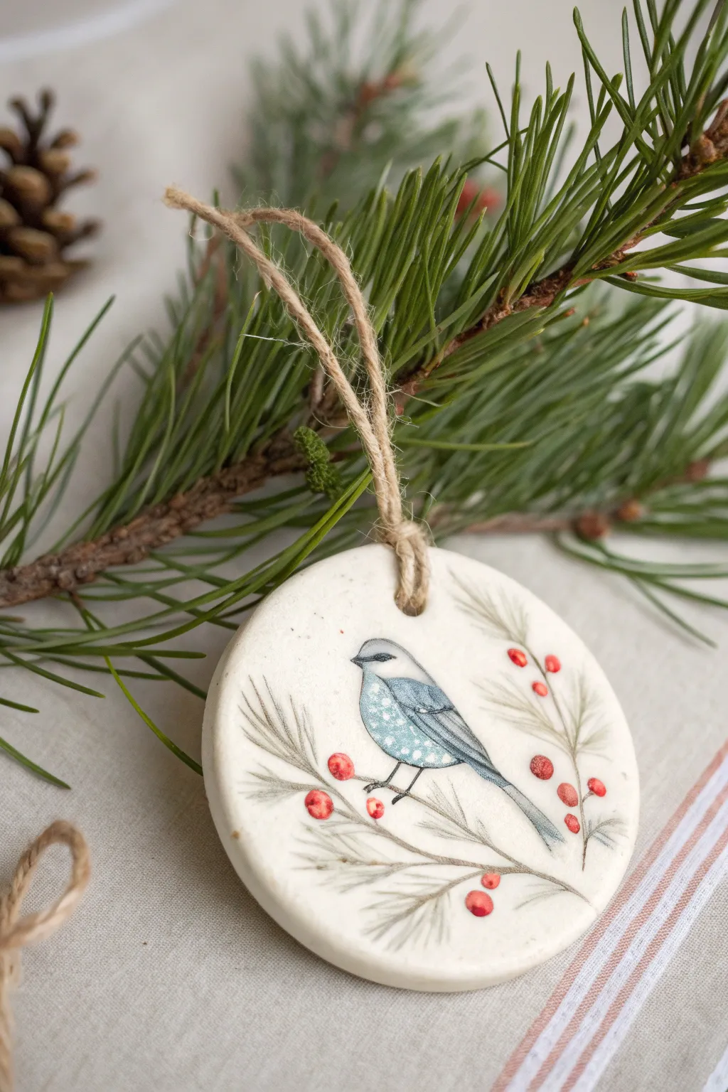 Painted winter bird clay medallion on pine, a simple air dry clay Christmas ornament.