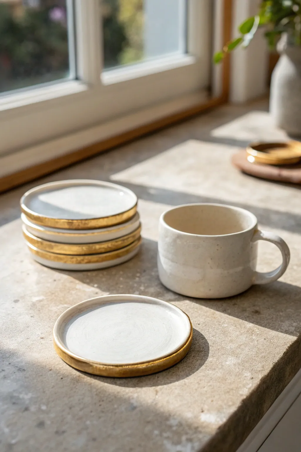 Minimal air-dry clay coasters with a hand-painted gold rim, stacked beside a simple cup.
