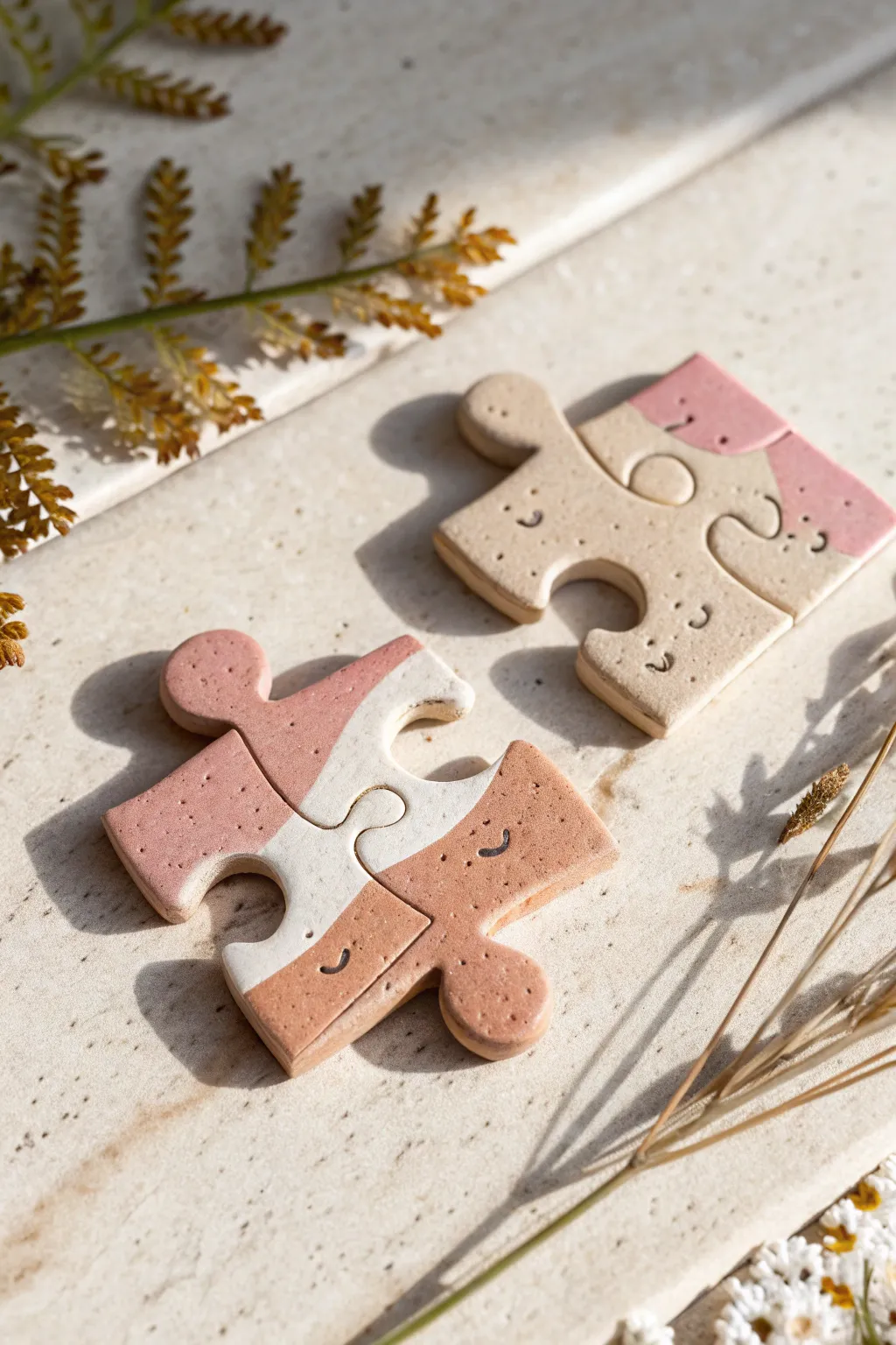 Air dry clay puzzle piece couple magnets with sweet minimalist faces and soft matching colors