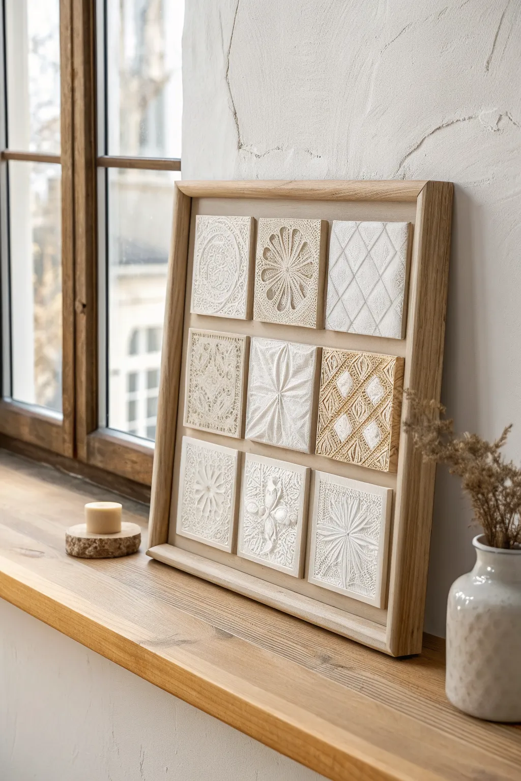 Minimal lace-imprint air-dry clay wall tiles, calm monochrome texture for cozy boho spaces.