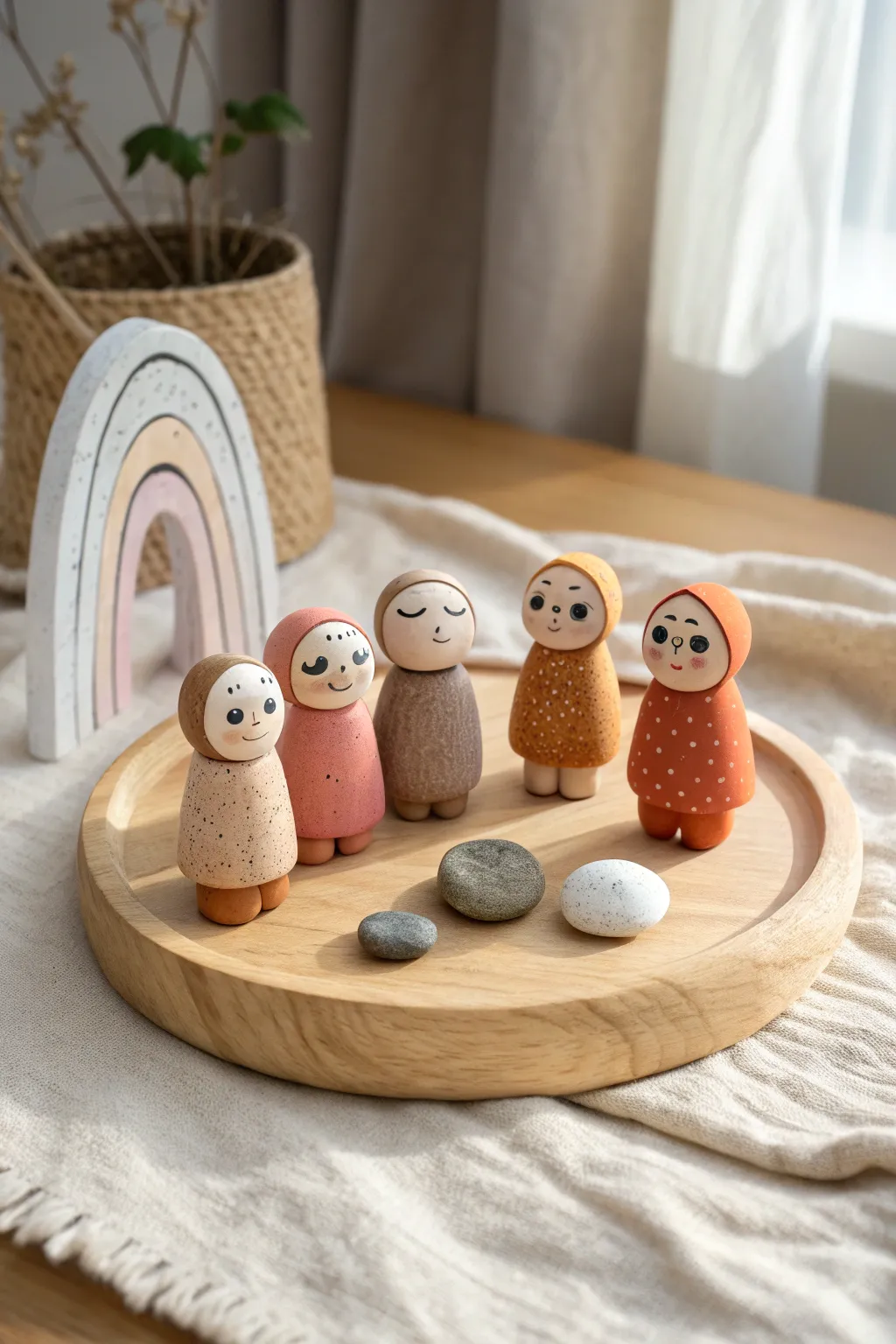 Sweet air dry clay mini characters for kids, styled in a calm Scandi boho small world scene