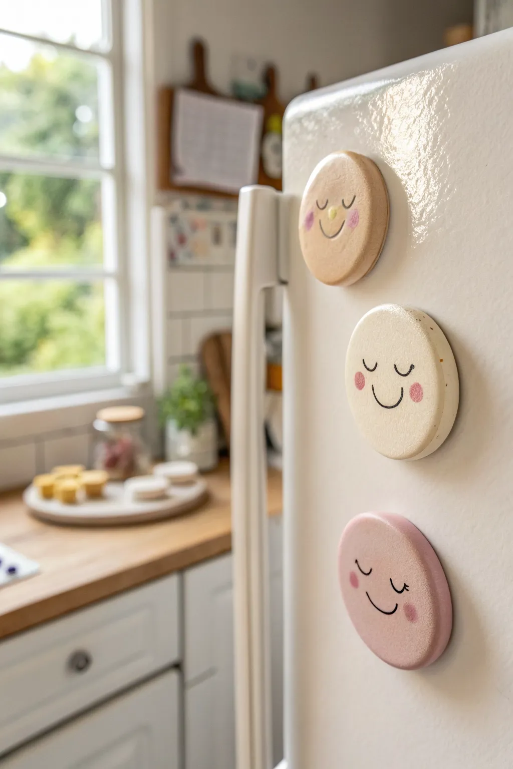 Pastel air dry clay face magnet with a sweet smile, minimalist boho charm for your fridge.