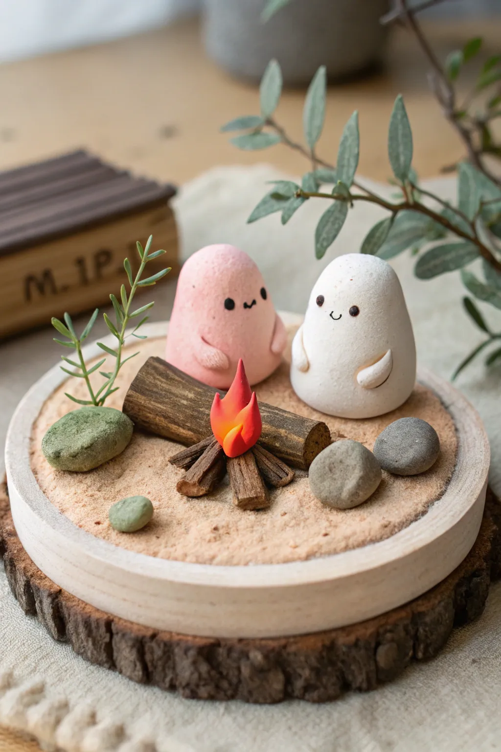 A cozy air dry clay campfire diorama for a cute date night vibe in miniature