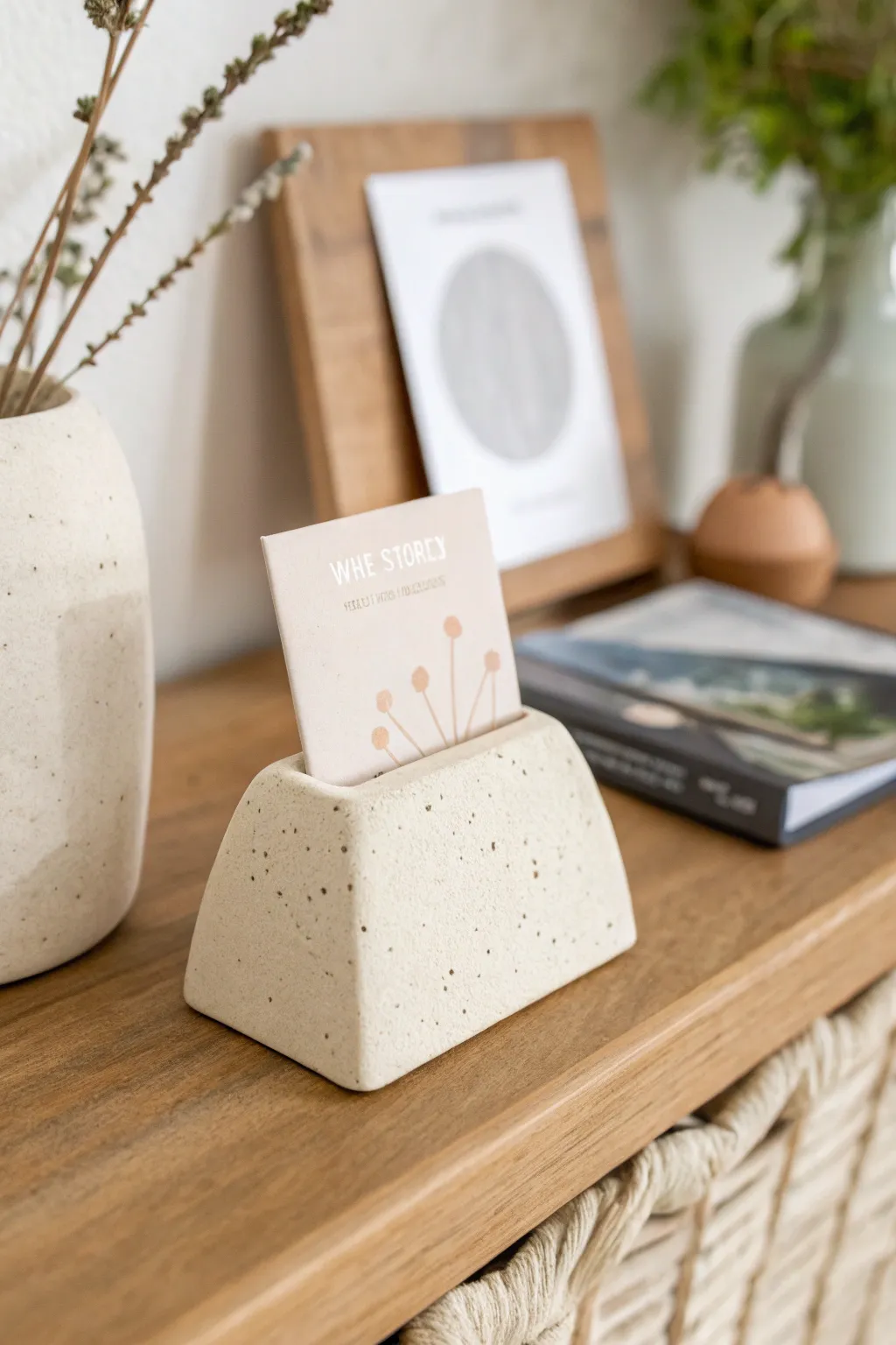 Minimal air dry clay photo holder with a neutral print for a clean Scandinavian shelf moment
