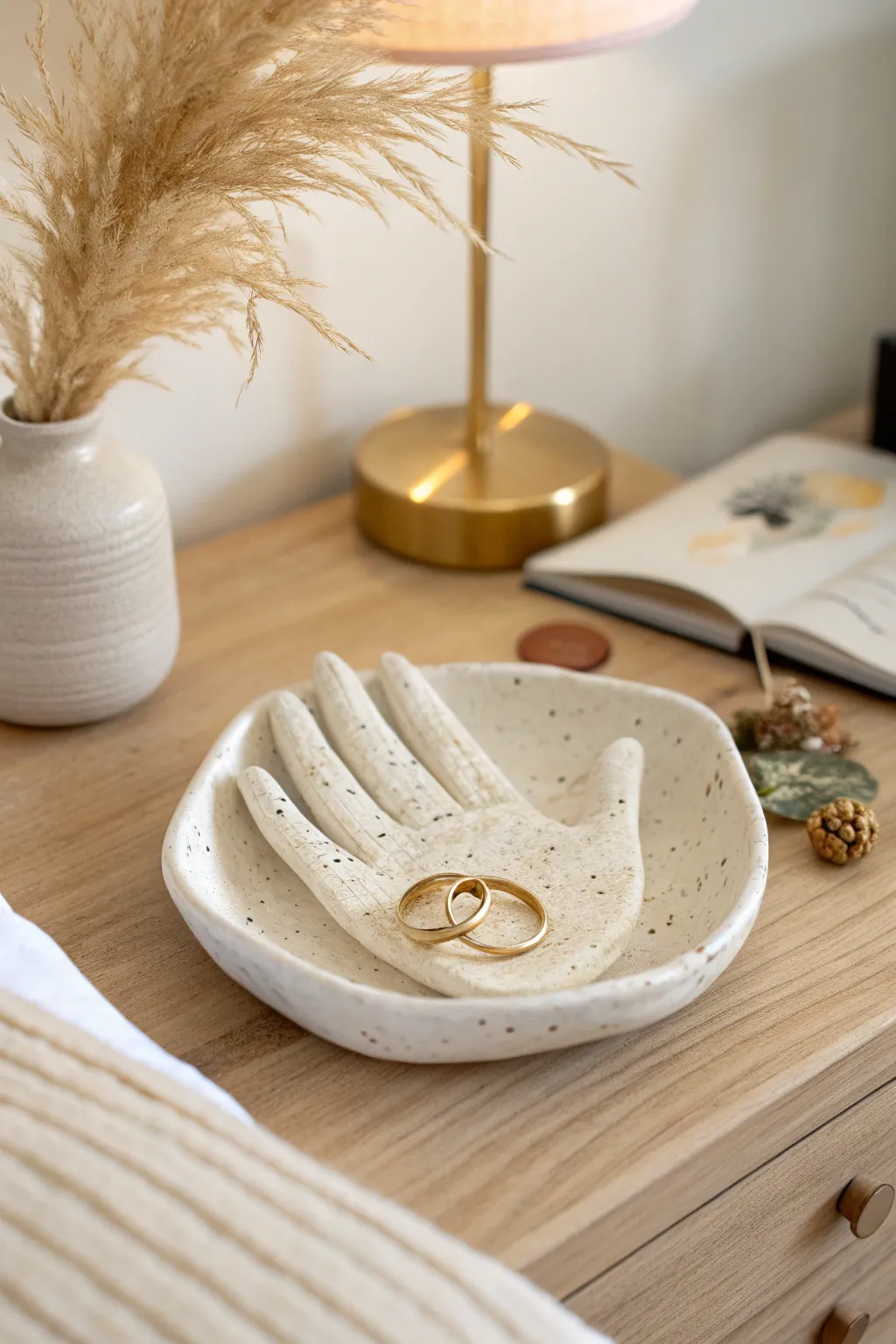 Minimal palm catch-all dish in air dry clay, perfect for rings and change by the bed