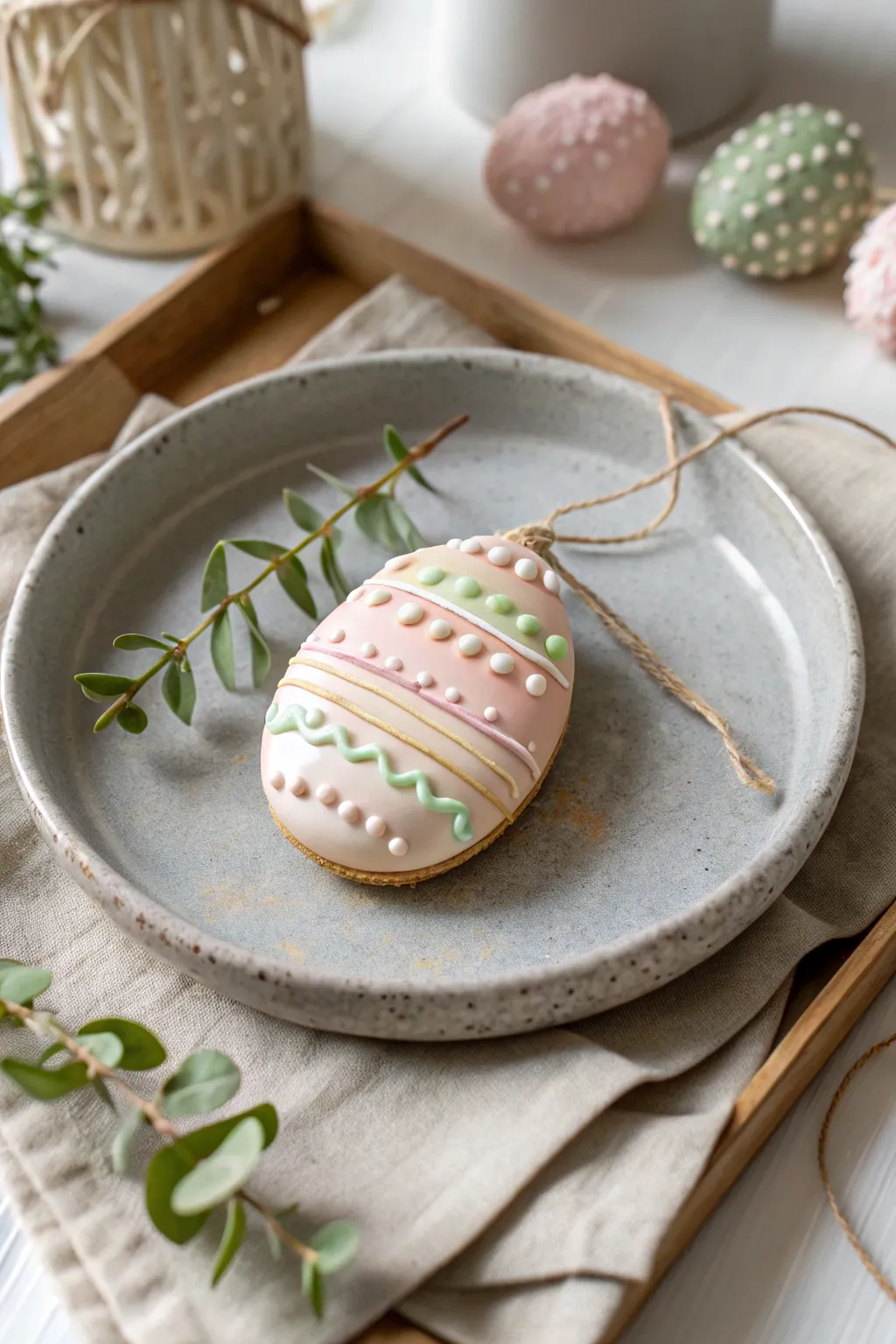 Iced-look clay egg ornament with raised dots and squiggles in creamy pastels on a simple plate.
