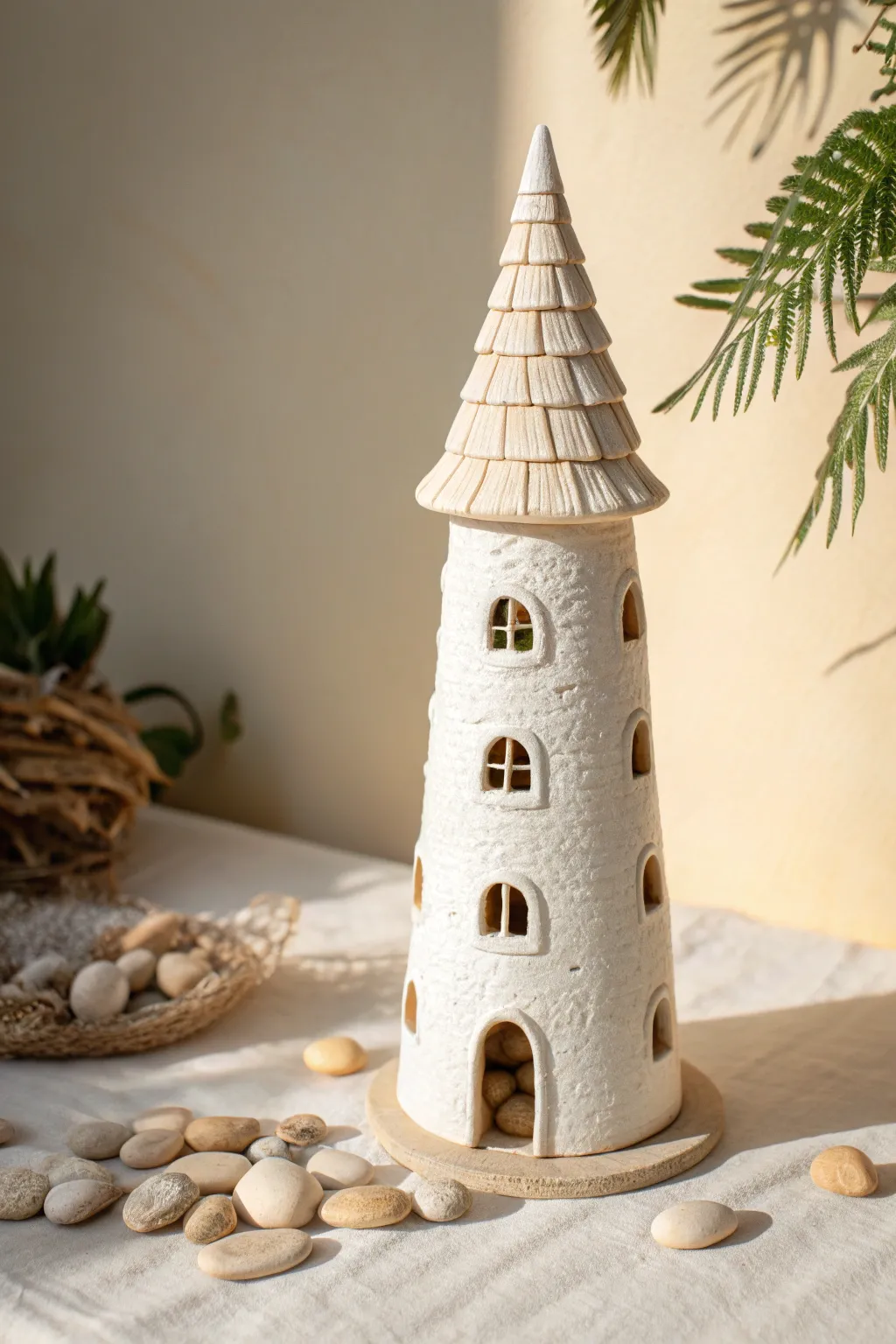 Tall air dry clay fairy tower with cone roof and stacked windows, styled with pebbles for scale