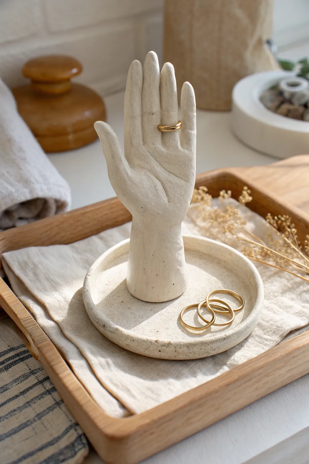 Minimal air dry clay hand ring holder with a clean Scandinavian look and soft boho styling