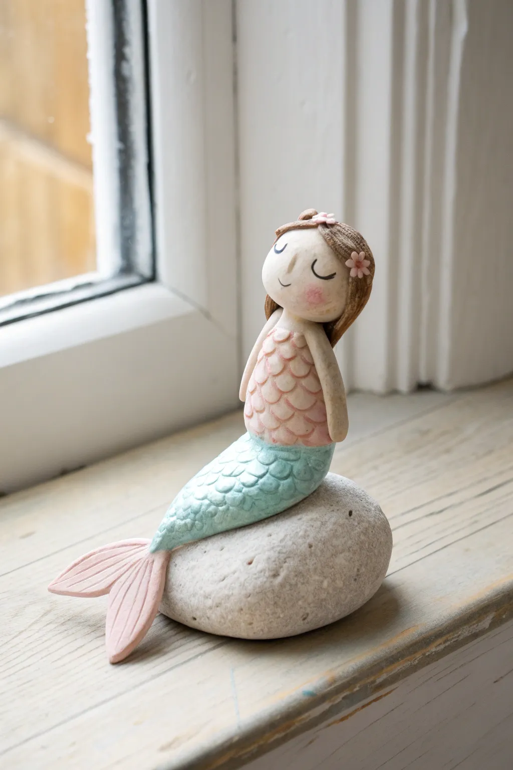 Pocket-sized mermaid on a rock, simple air-dry clay sculpture with a pearly ombré tail.