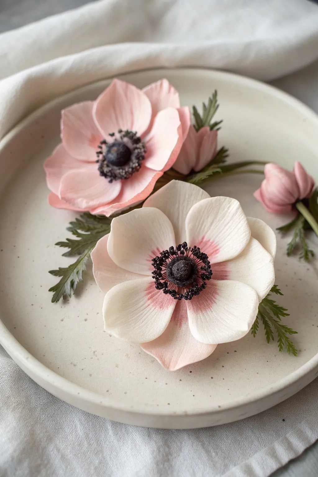 Soft blush air-dry clay anemones with bold dark centers, minimalist Scandinavian styling