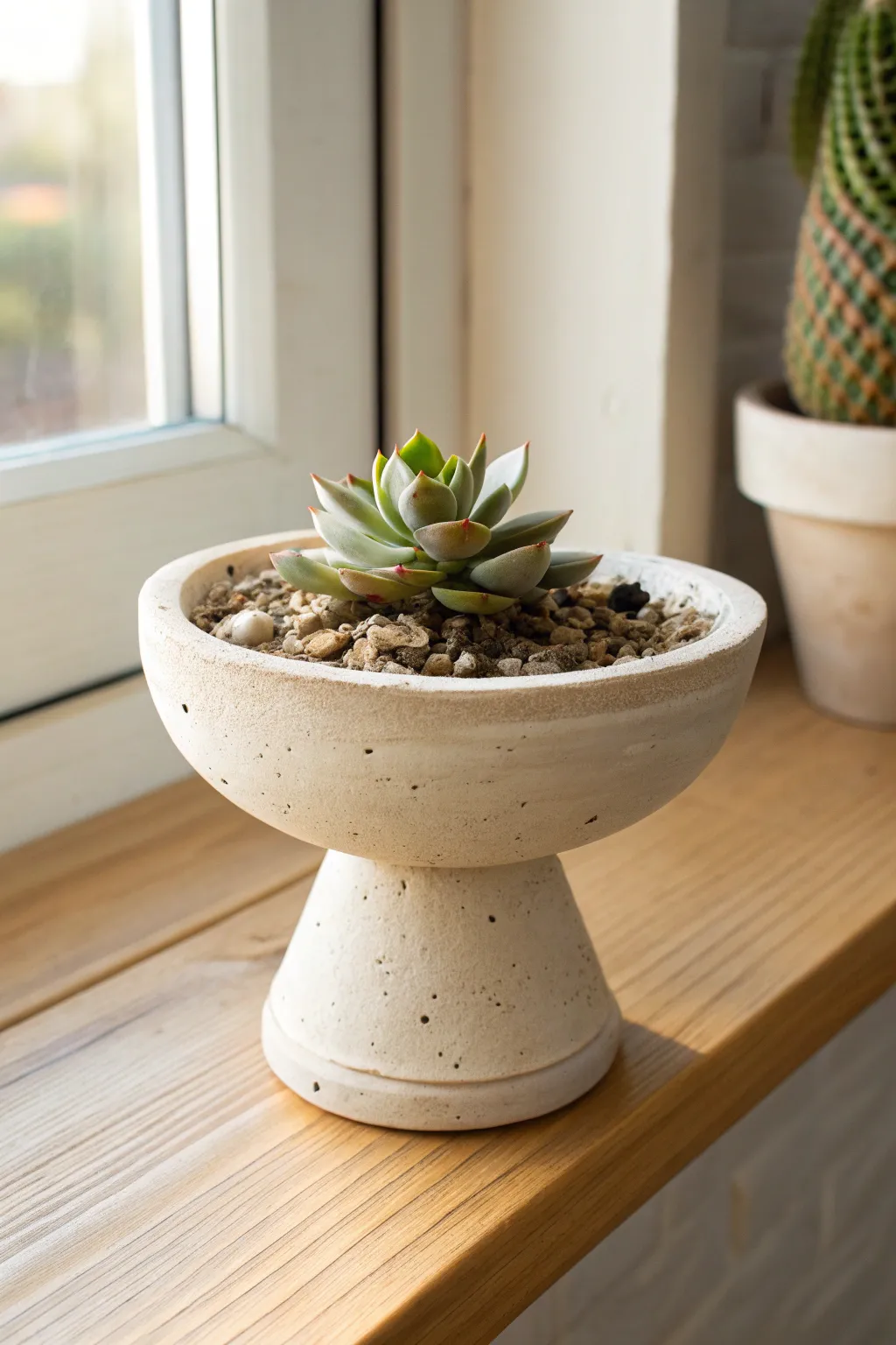 Chunky air-dry clay pedestal planter that lifts a tiny succulent for a clean, airy window display