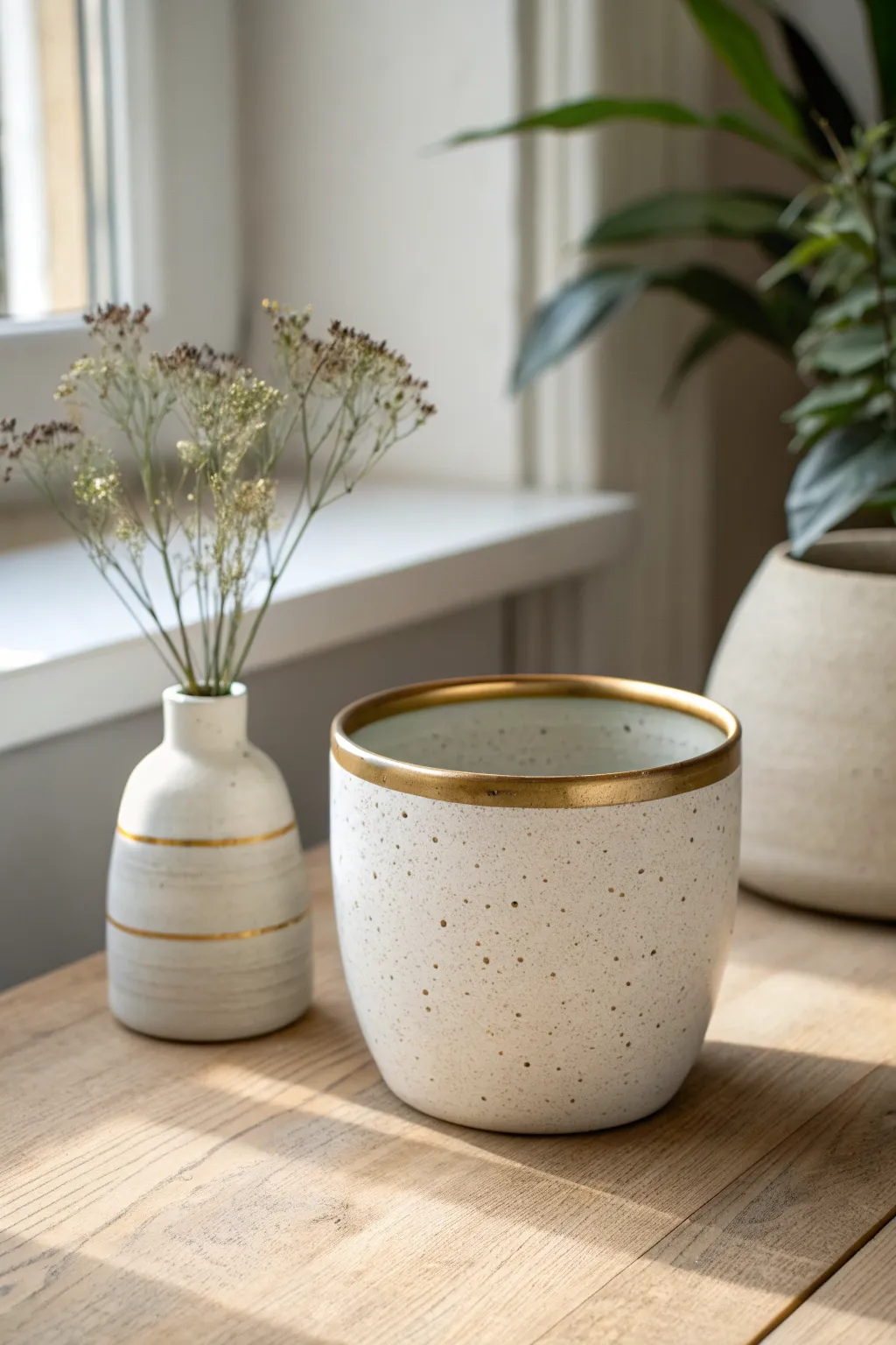 Minimal air dry clay pot with a chic metallic rim, styled in soft Scandinavian boho tones.