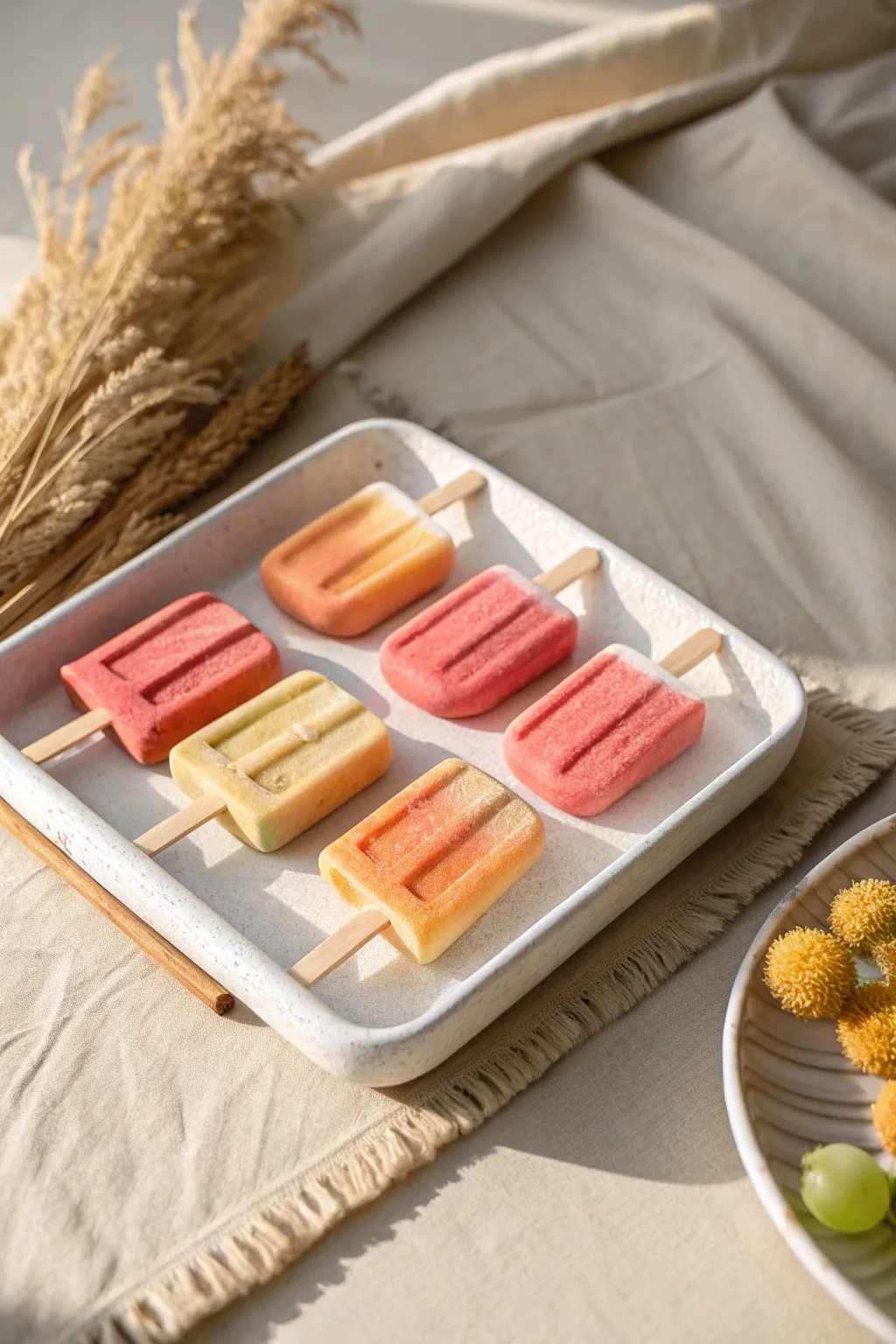 Mini air dry clay popsicles with playful bite marks, bright layers on a minimalist tray.