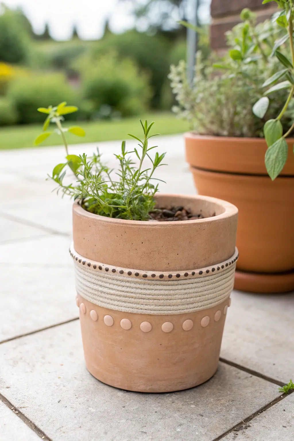 Air dry clay textured band transforms a simple pot into a chic garden statement