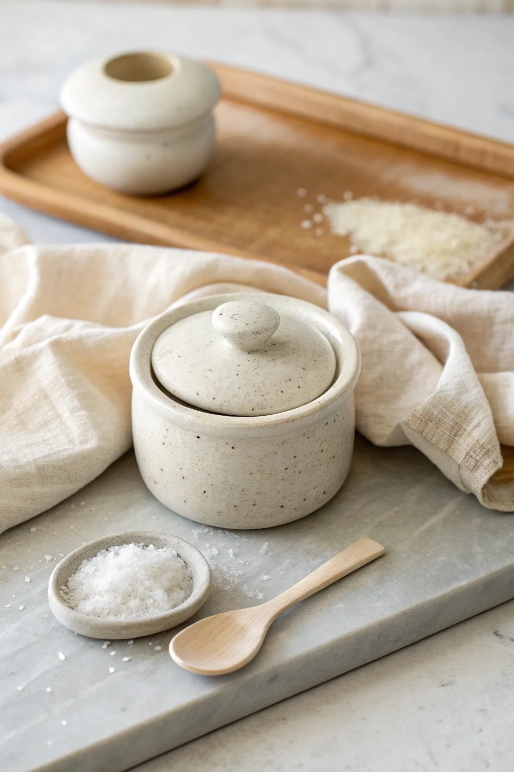 Air-dry clay salt cellar with tiny spoon, styled simply for a calm, modern kitchen vignette.