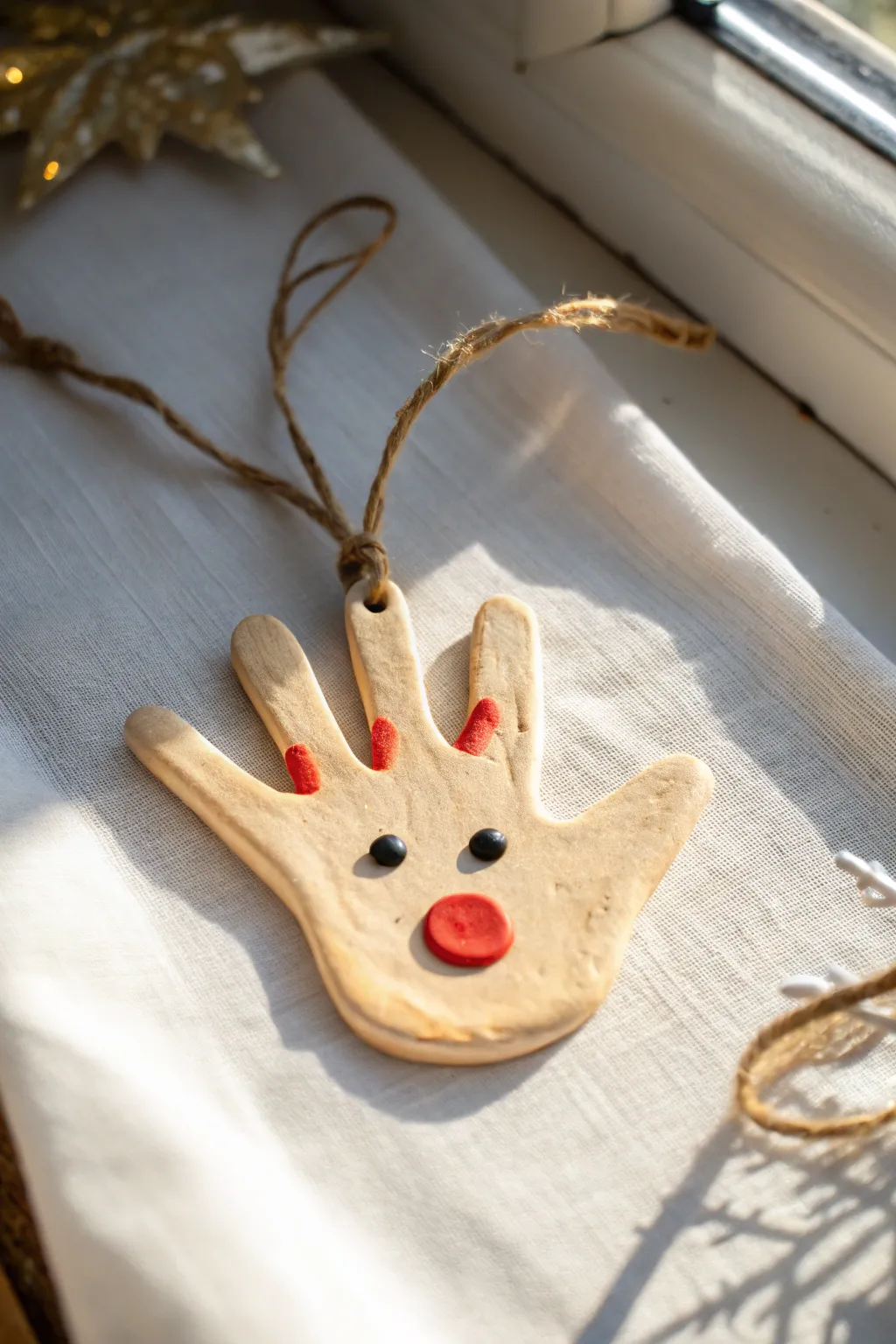 Air dry clay handprint reindeer ornament with twine loop, clean outline, and bright red nose