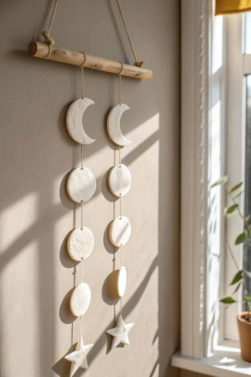 Soft white moon phase clay mobile for a calm, dreamy wall moment with minimalist boho charm.