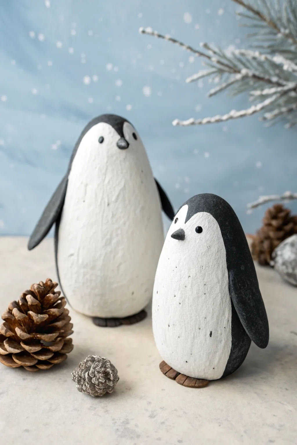 Minimal black-and-white clay penguins with crisp color blocking and a cool wintery backdrop