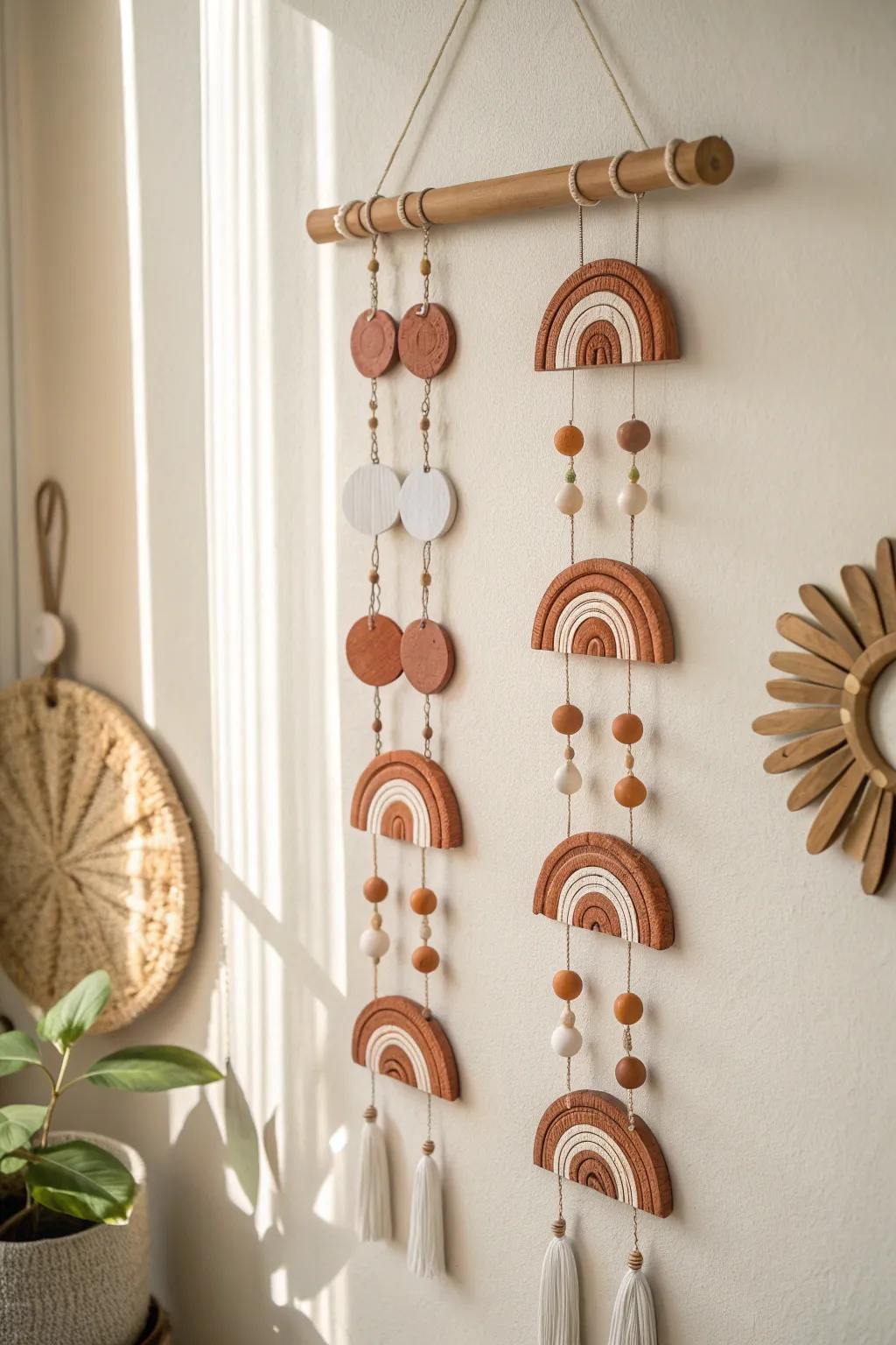 Minimal boho wall hanging with air dry clay beads and arches in soft Scandinavian light.